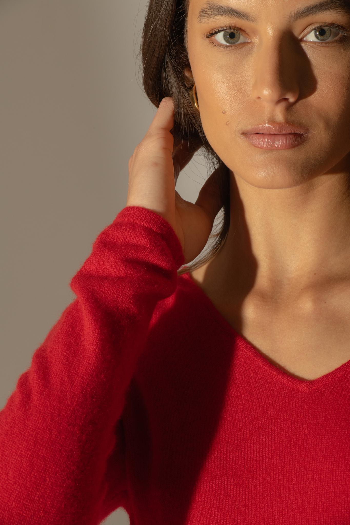SHANNON pull col v rouge 100% cachemire