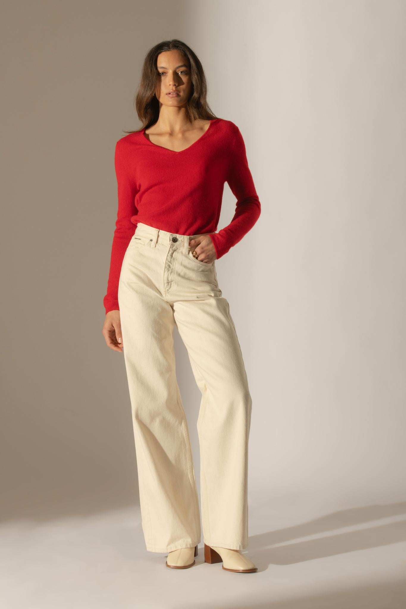 SHANNON pull col v rouge 100% cachemire