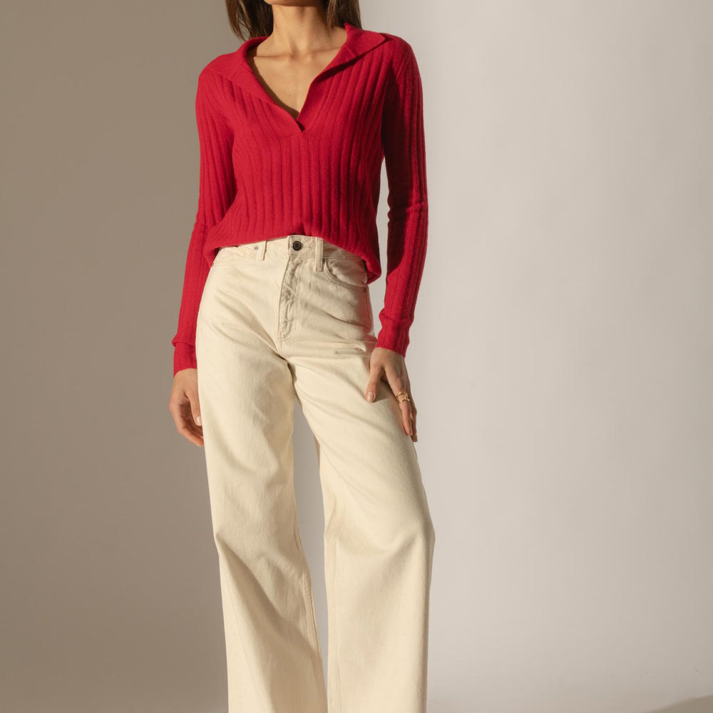 SKAMAR pull col polo ouvert framboise 100% cachemire