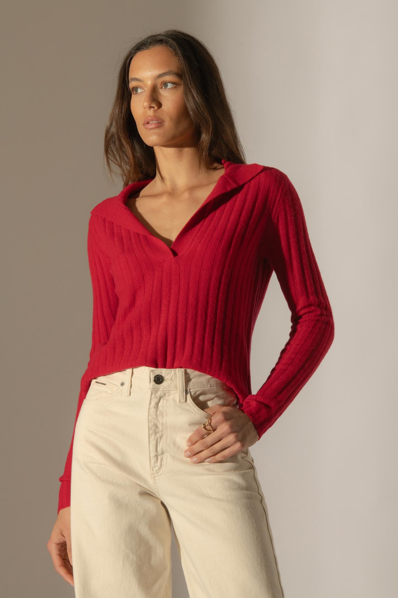 SKAMAR pull col polo ouvert framboise 100% cachemire