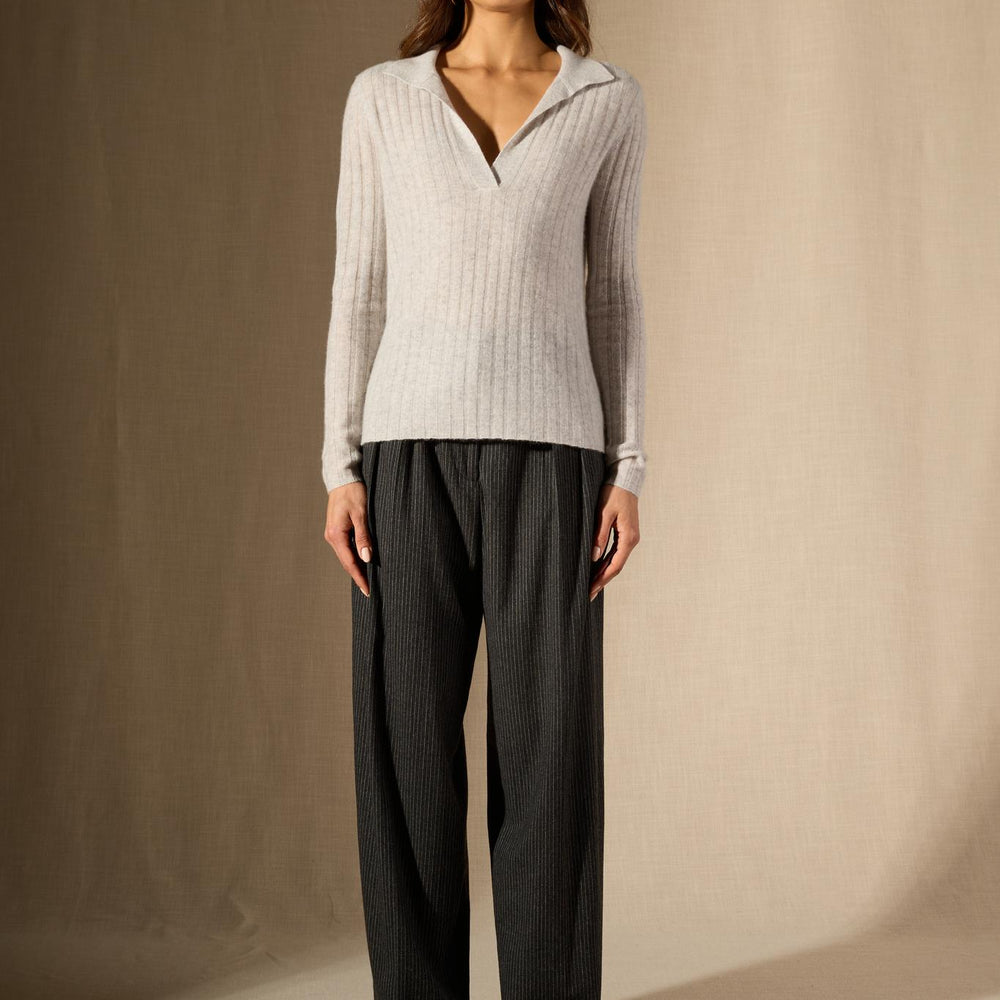SKAMAR pull col polo ouvert glacier chiné 100% cachemire