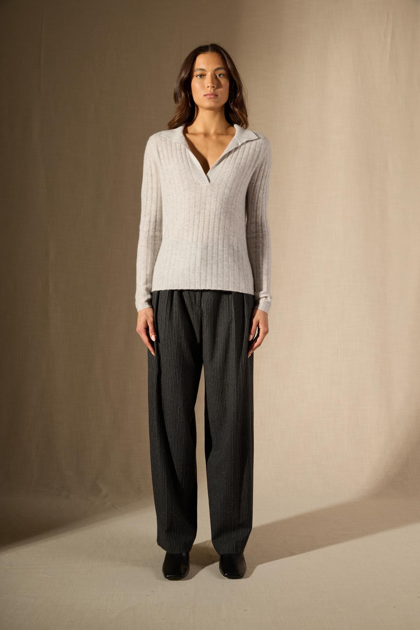 SKAMAR pull col polo ouvert glacier chiné 100% cachemire