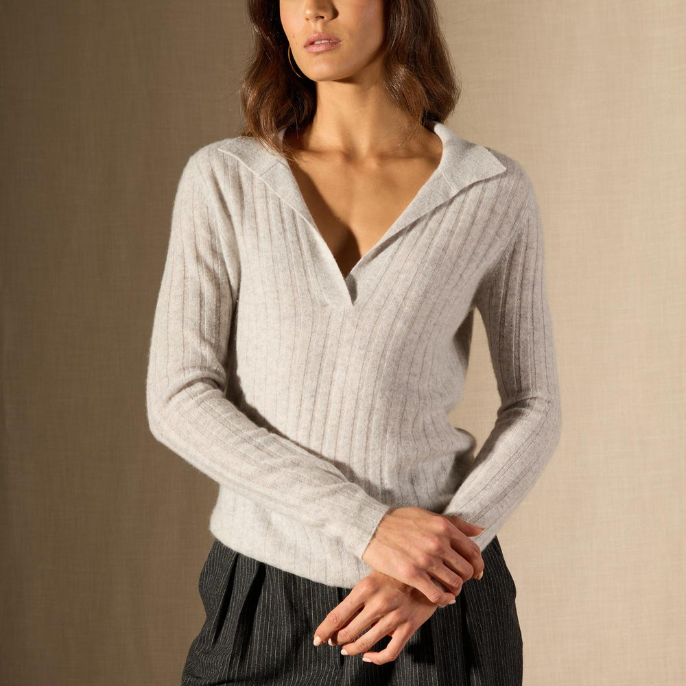 SKAMAR pull col polo ouvert glacier chiné 100% cachemire
