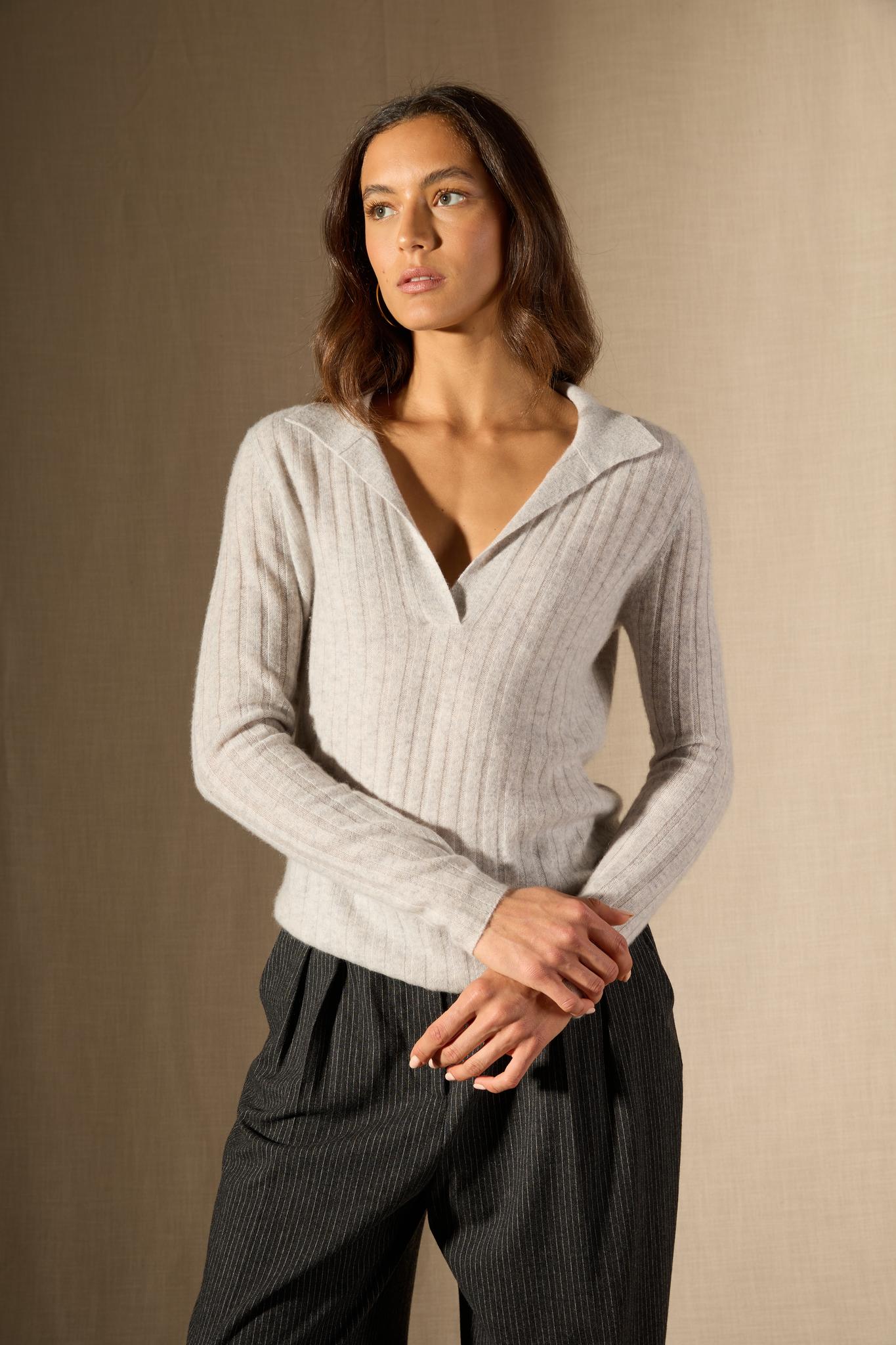 SKAMAR pull col polo ouvert glacier chiné 100% cachemire