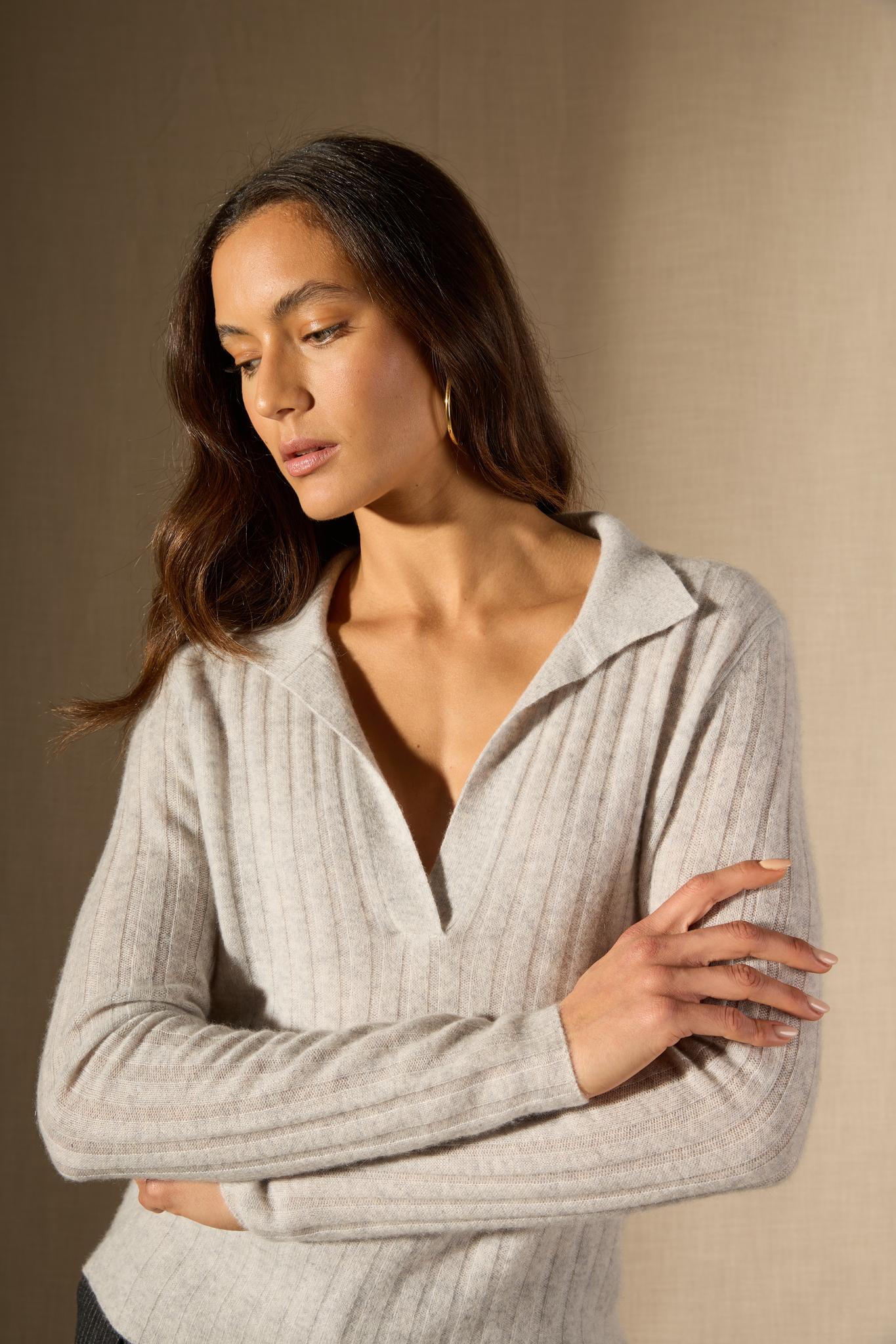 SKAMAR pull col polo ouvert glacier chiné 100% cachemire