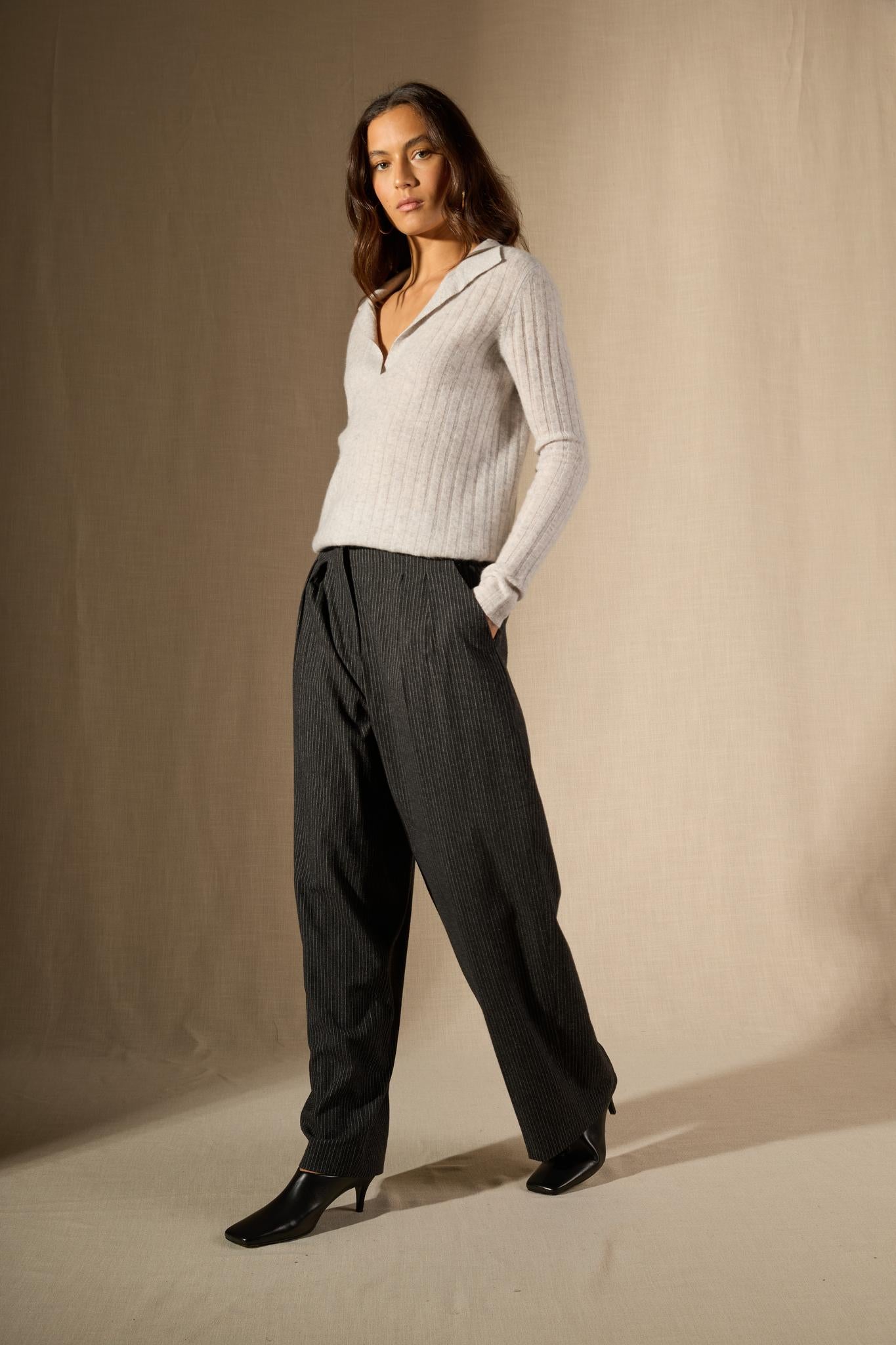 SKAMAR pull col polo ouvert glacier chiné 100% cachemire