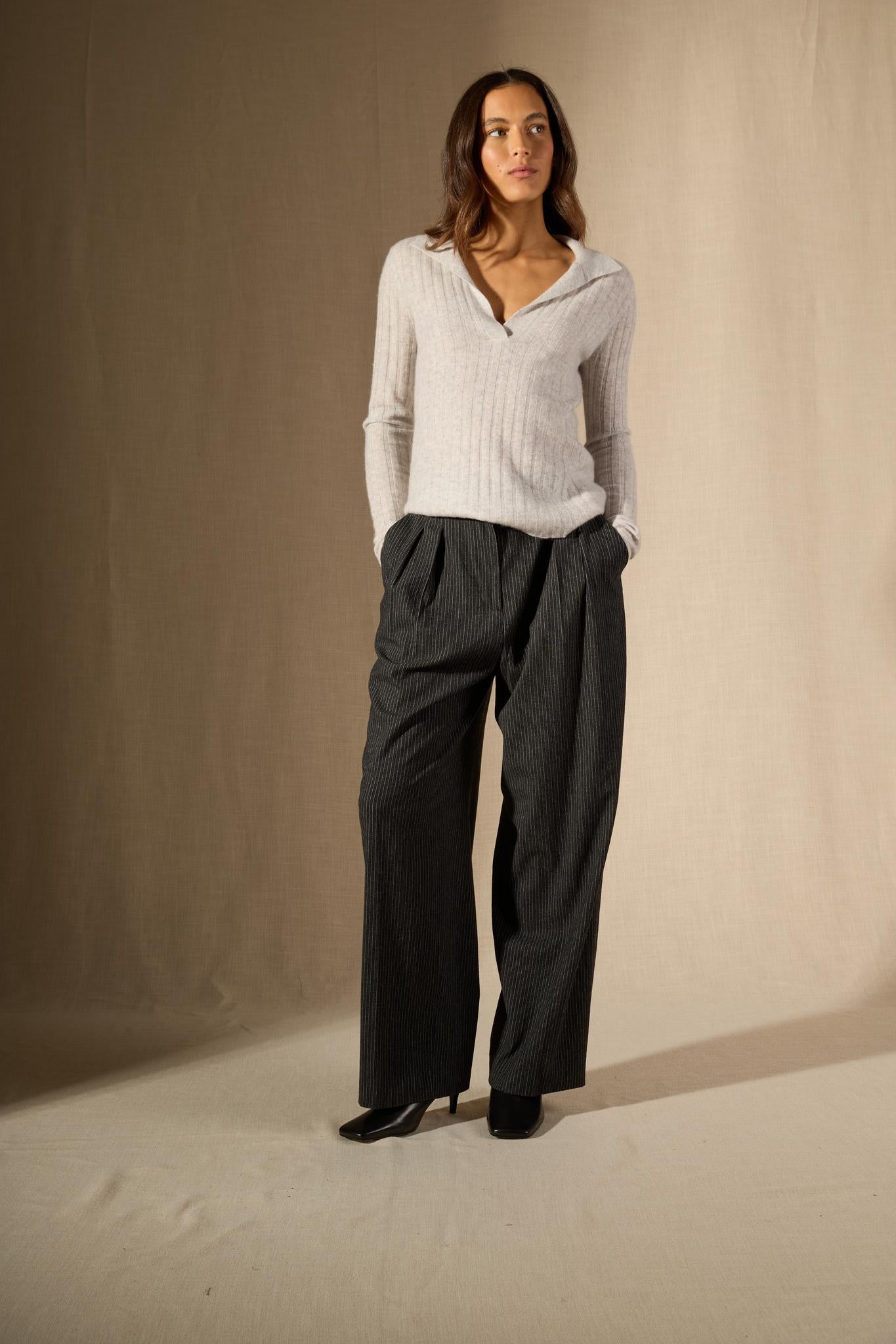 SKAMAR pull col polo ouvert glacier chiné 100% cachemire