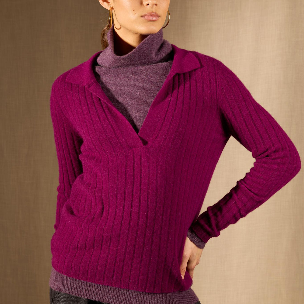 SKAMAR pull col polo ouvert prune 100% cachemire