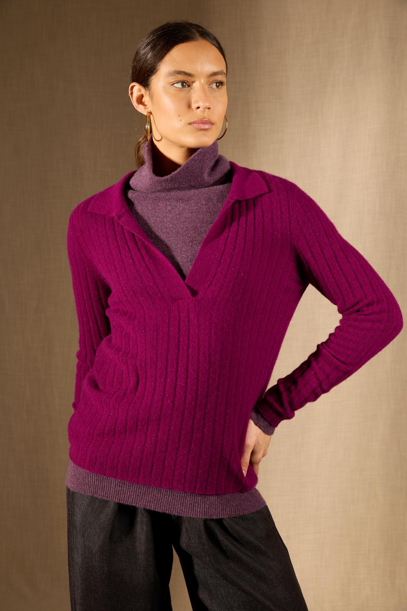 SKAMAR pull col polo ouvert prune 100% cachemire