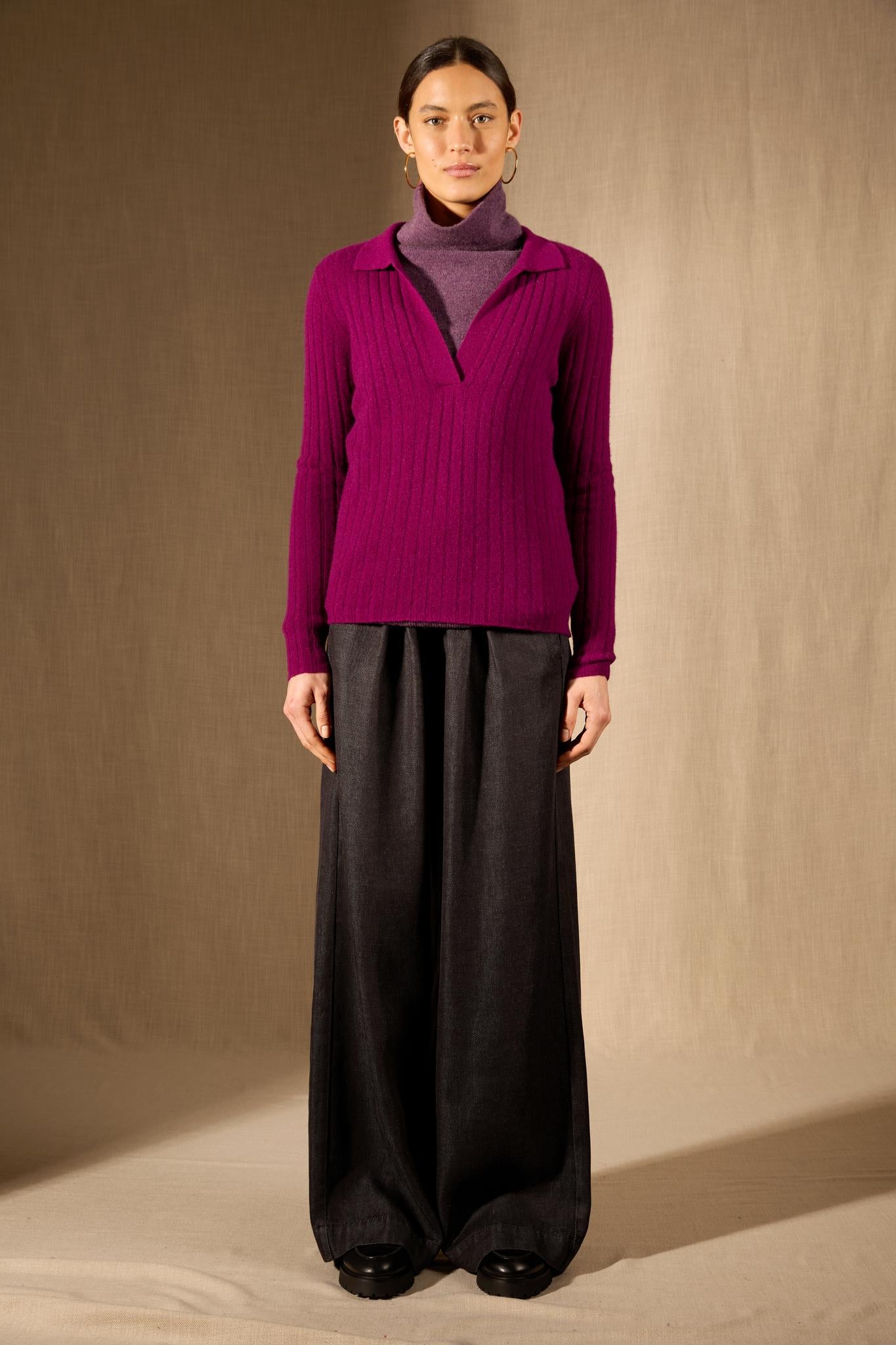 SKAMAR pull col polo ouvert prune 100% cachemire
