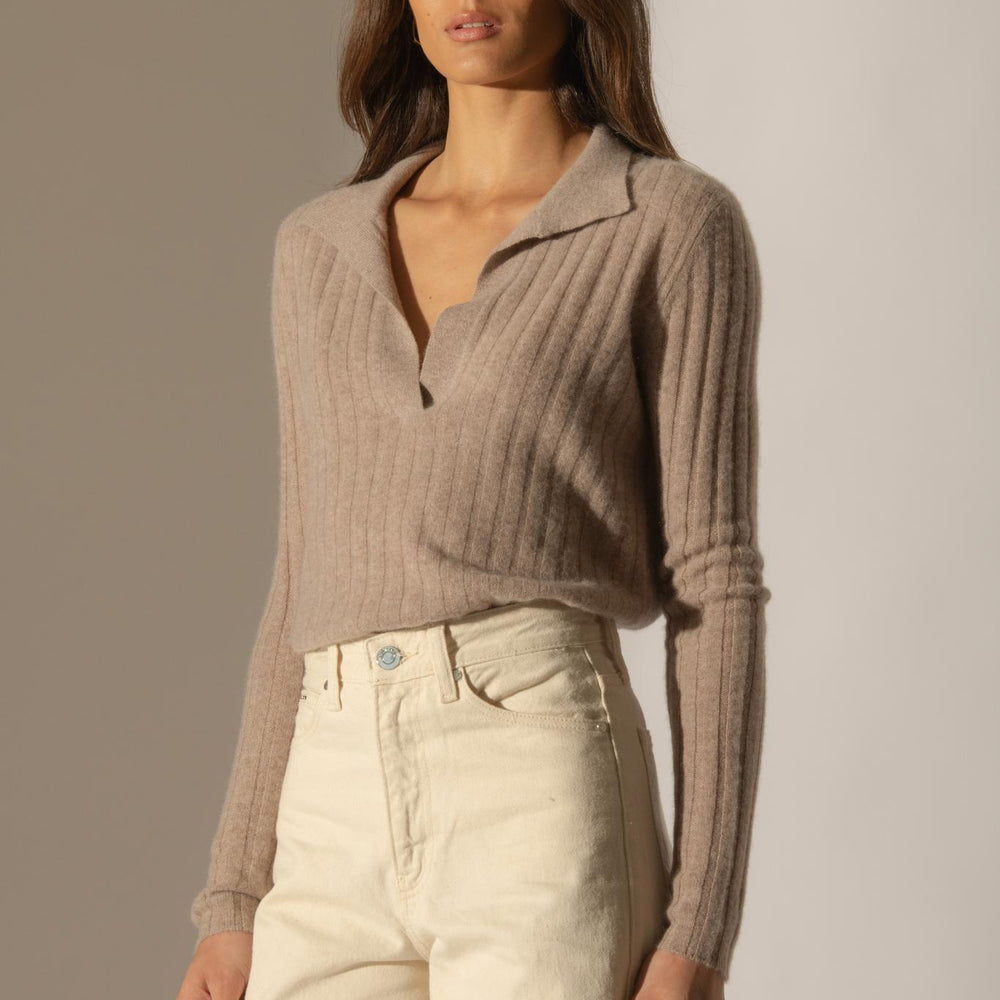 SKAMAR pull col polo ouvert taupe clair chiné 100% cachemire