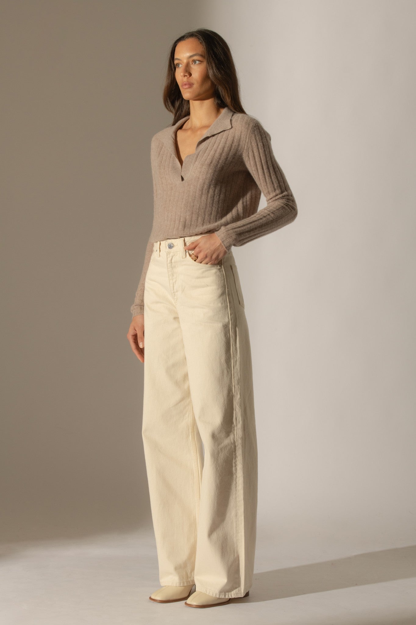 skamar pull col polo ouvert taupe clair chiné 100% cachemire