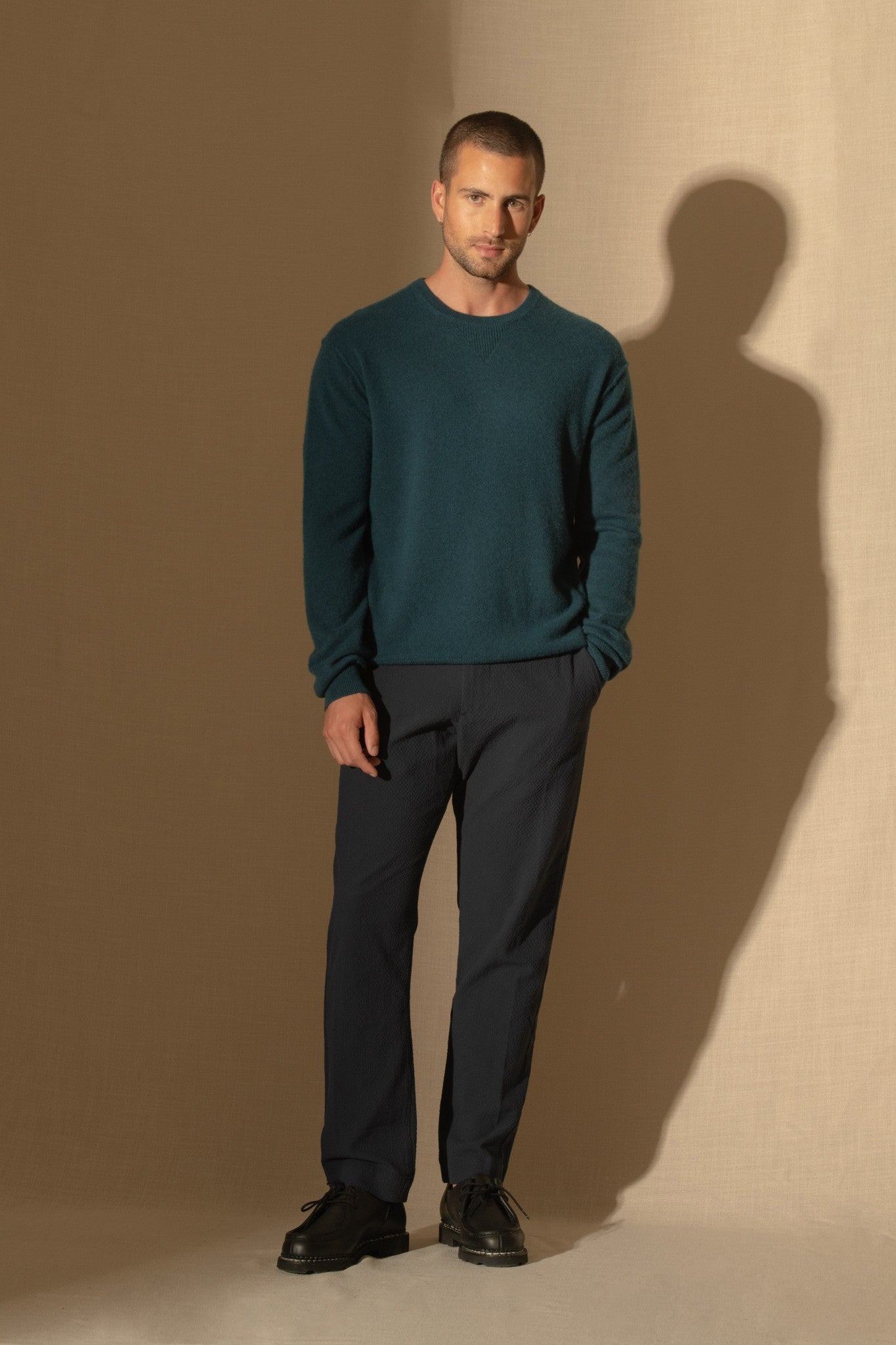 soan pull col rond vert canard 100% cachemire