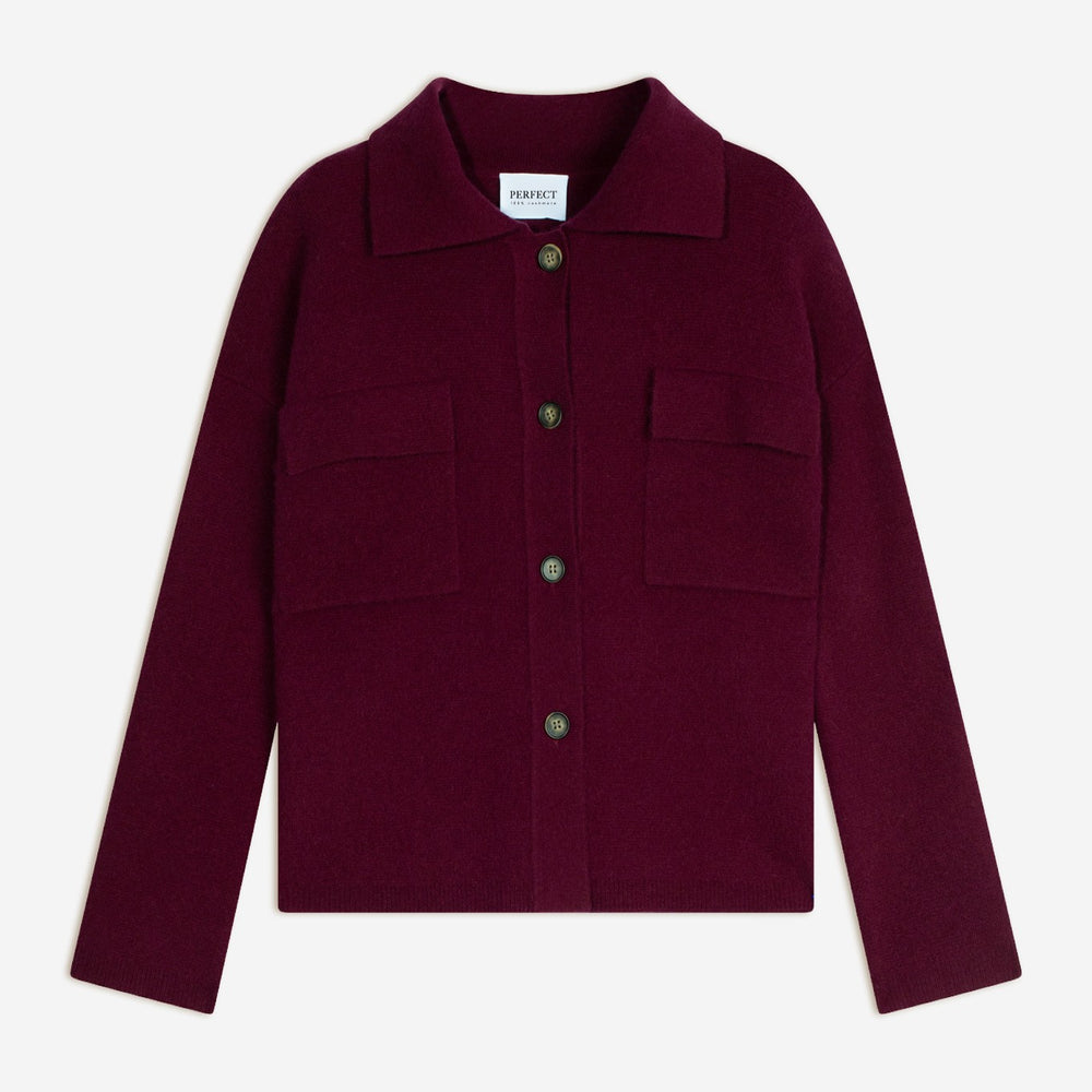 solivra veste boutonnée col chemise bordeaux 100% cachemire