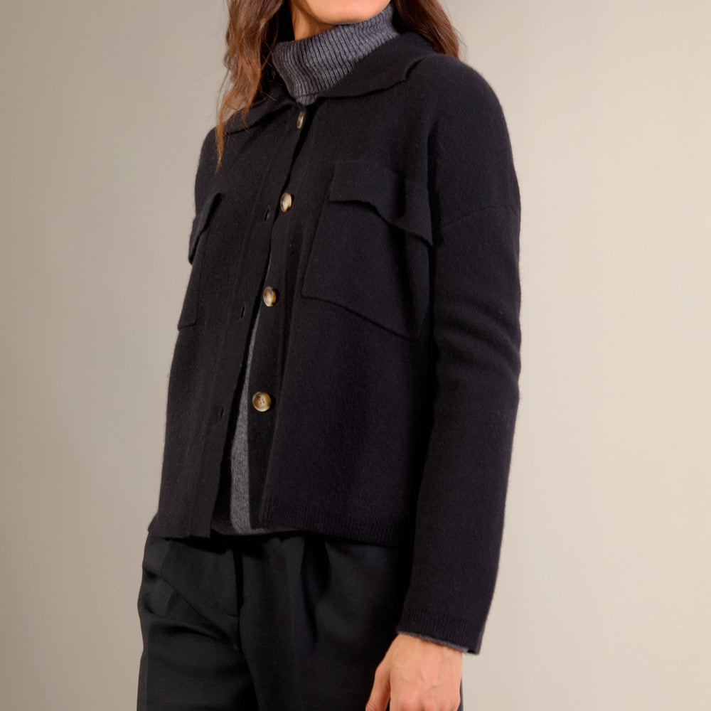 solivra veste boutonnée col chemise noir 100% cachemire