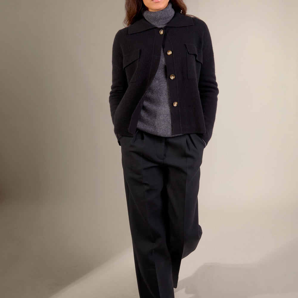 solivra veste boutonnée col chemise noir 100% cachemire