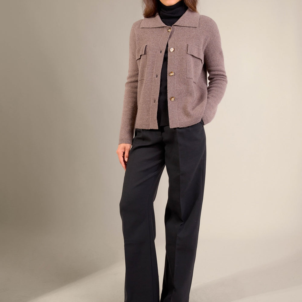 solivra veste boutonnée col chemise taupe chiné 100% cachemire