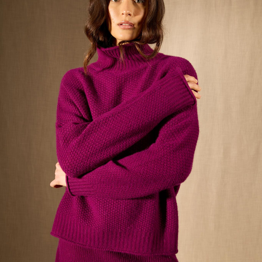 SOMBA pull col montant 8 fils prune 100% cachemire