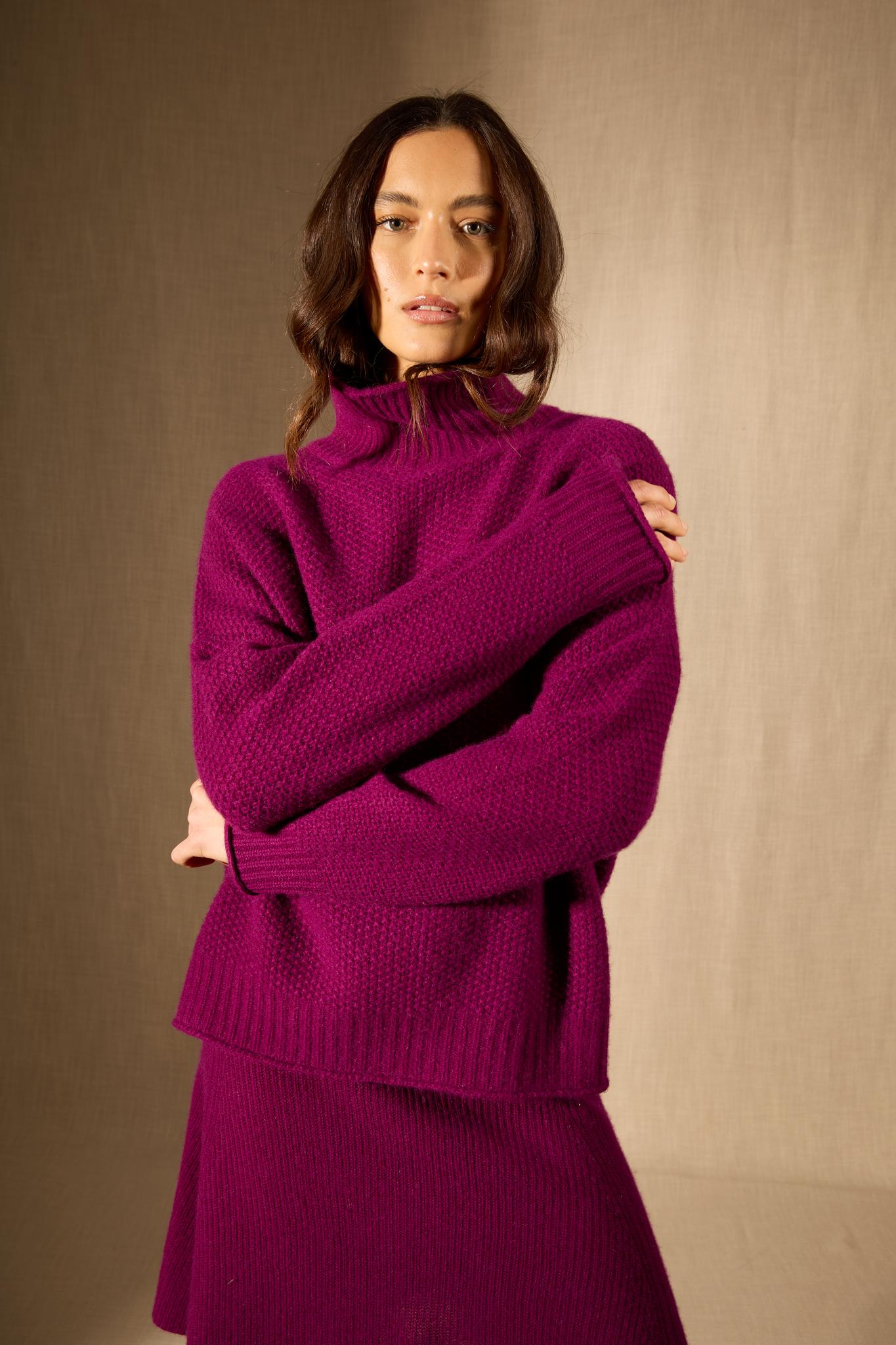 SOMBA pull col montant 8 fils prune 100% cachemire