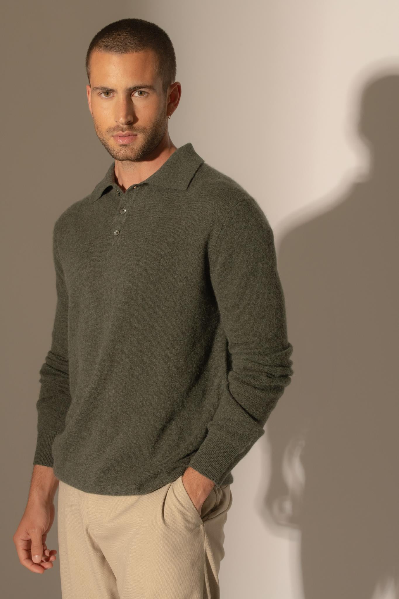 SPENCER polo manches longues kaki chiné 100% cachemire