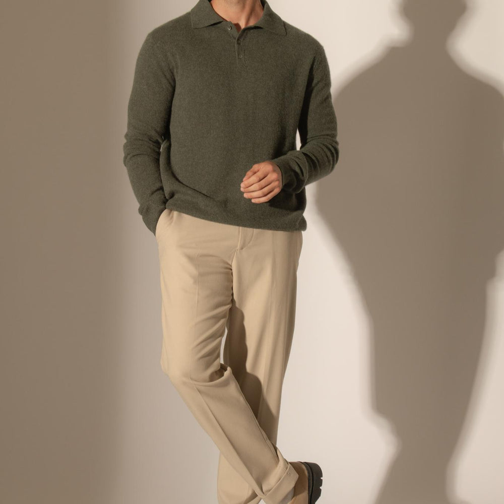 SPENCER polo manches longues kaki chiné 100% cachemire