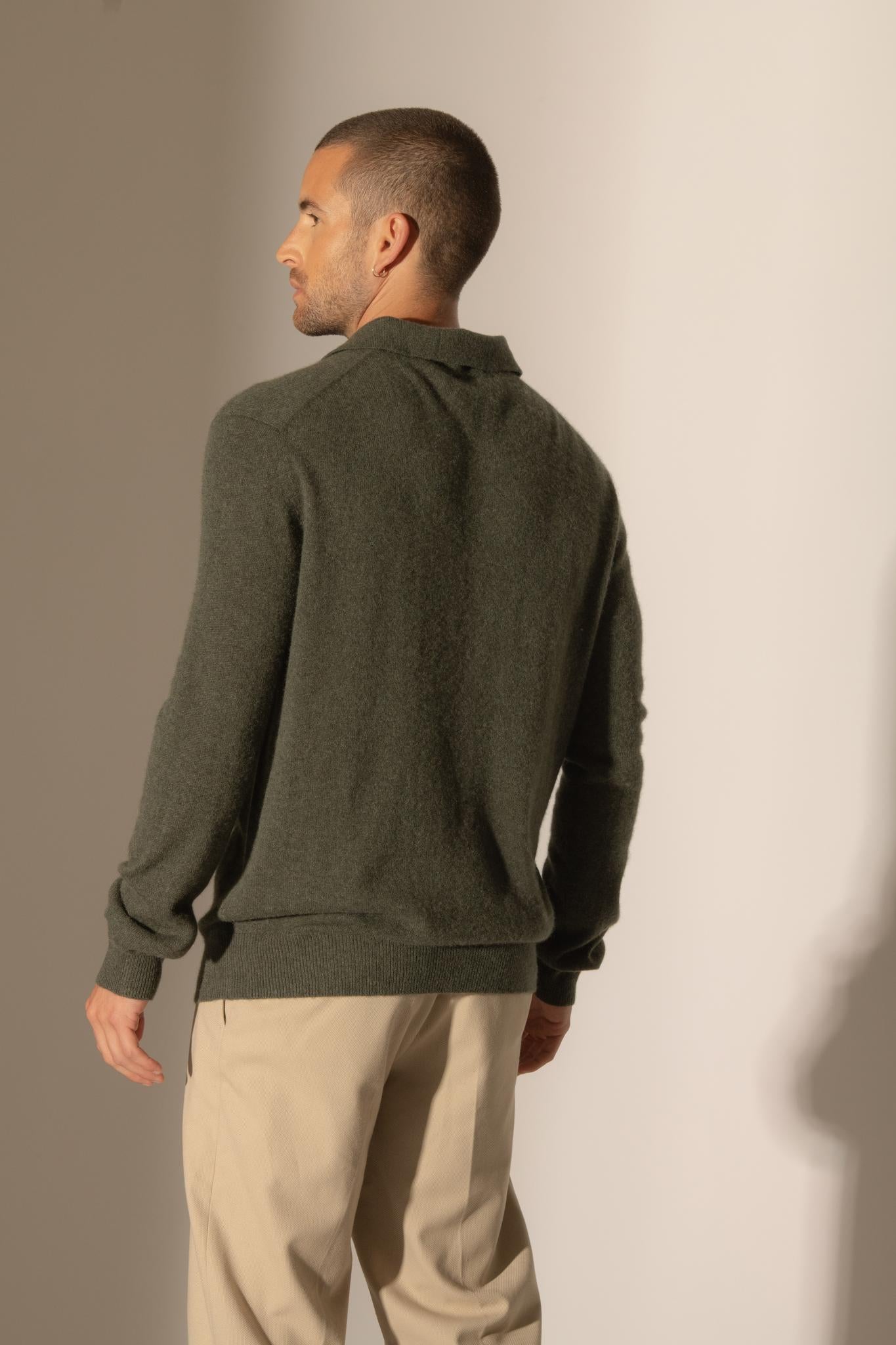 SPENCER polo manches longues kaki chiné 100% cachemire