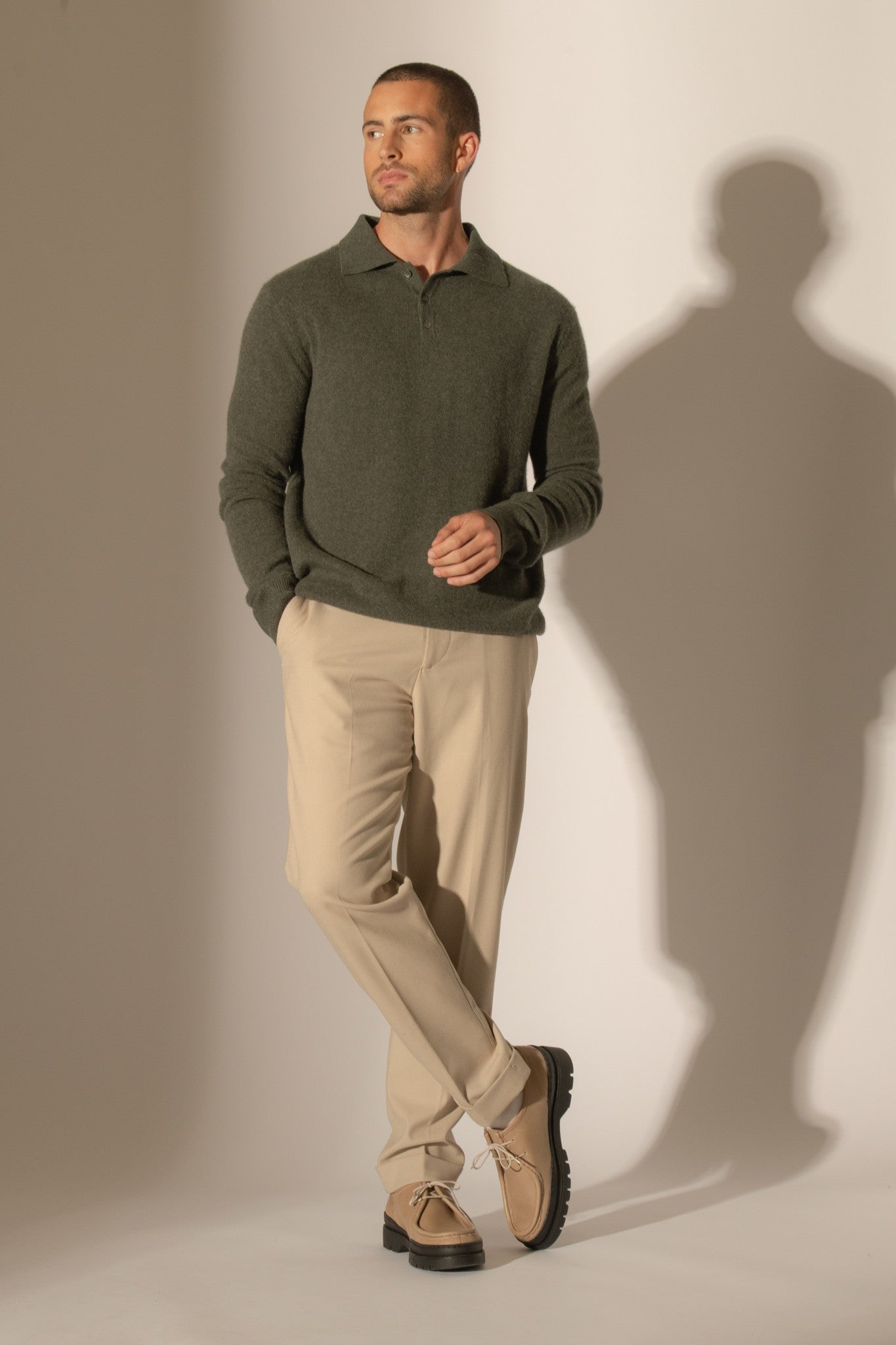 spencer polo manches longues kaki chiné 100% cachemire