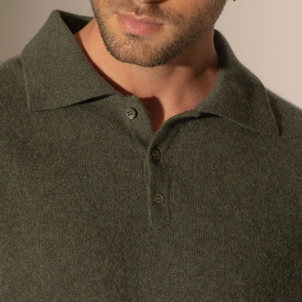 spencer polo manches longues kaki chiné 100% cachemire