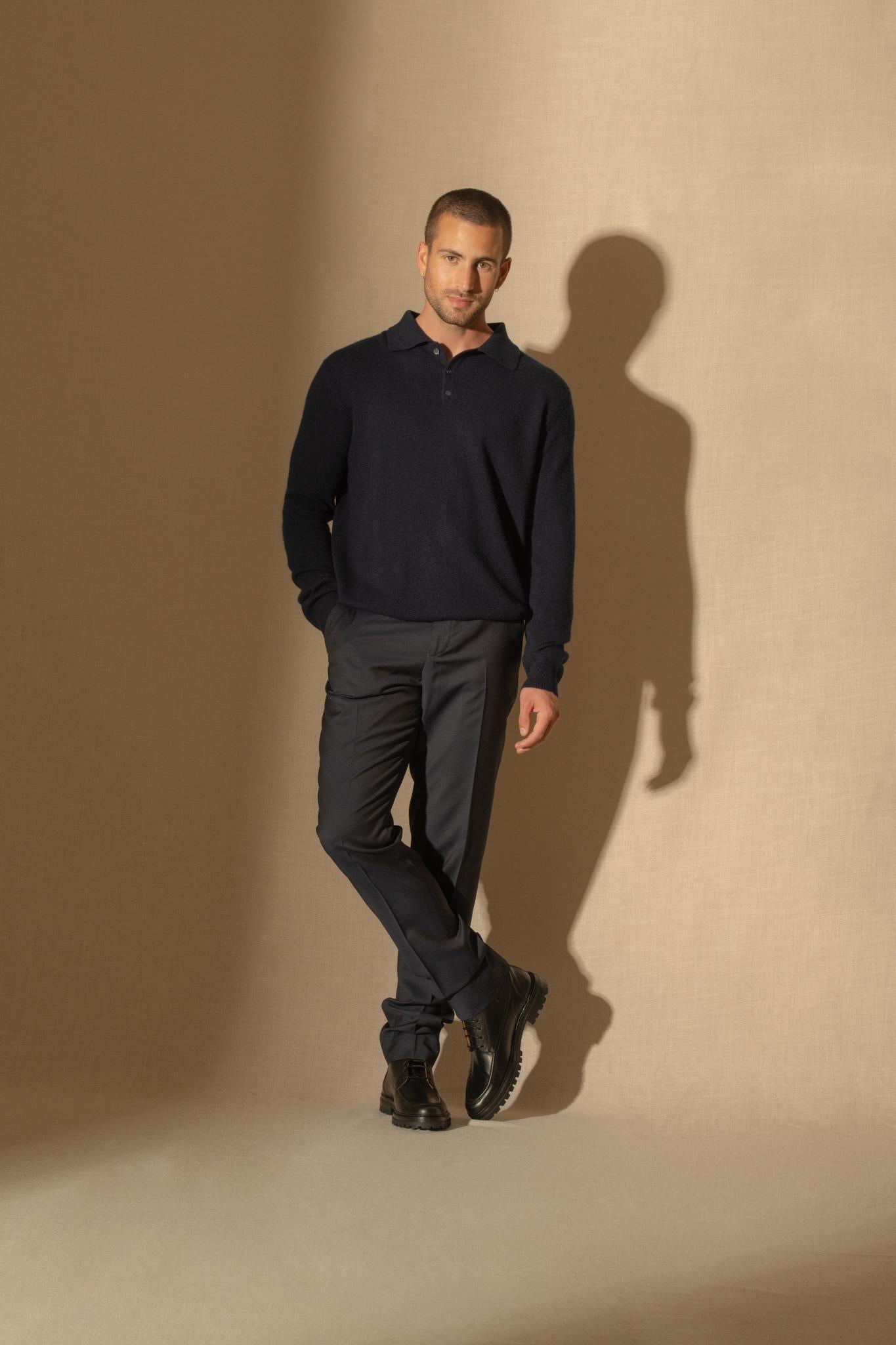 SPENCER polo manches longues navy 100% cachemire