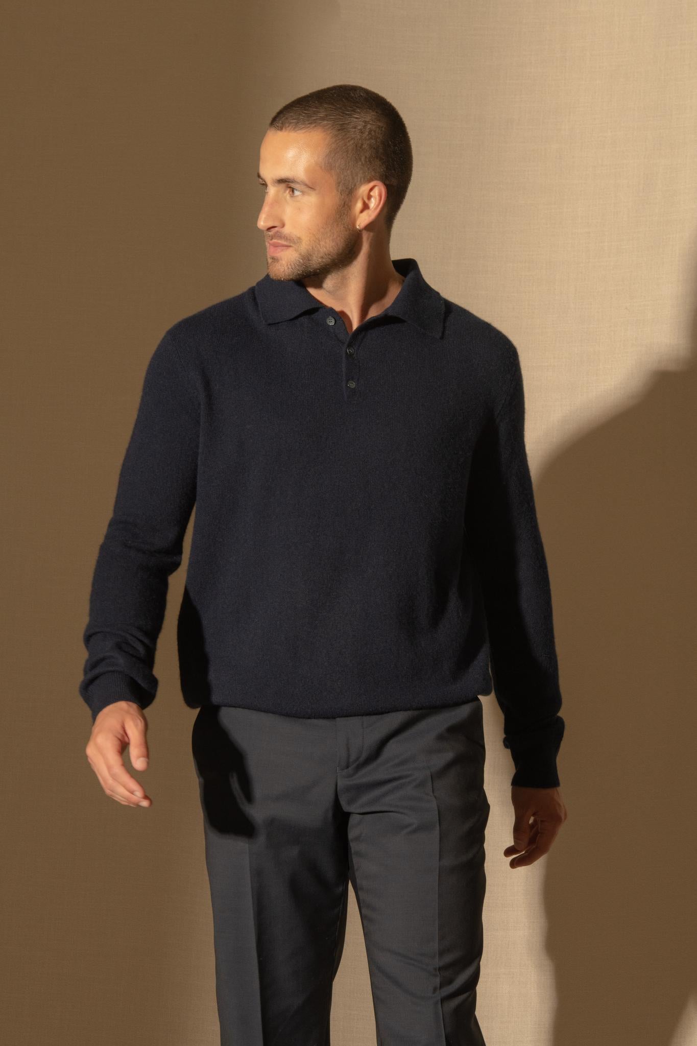 SPENCER polo manches longues navy 100% cachemire