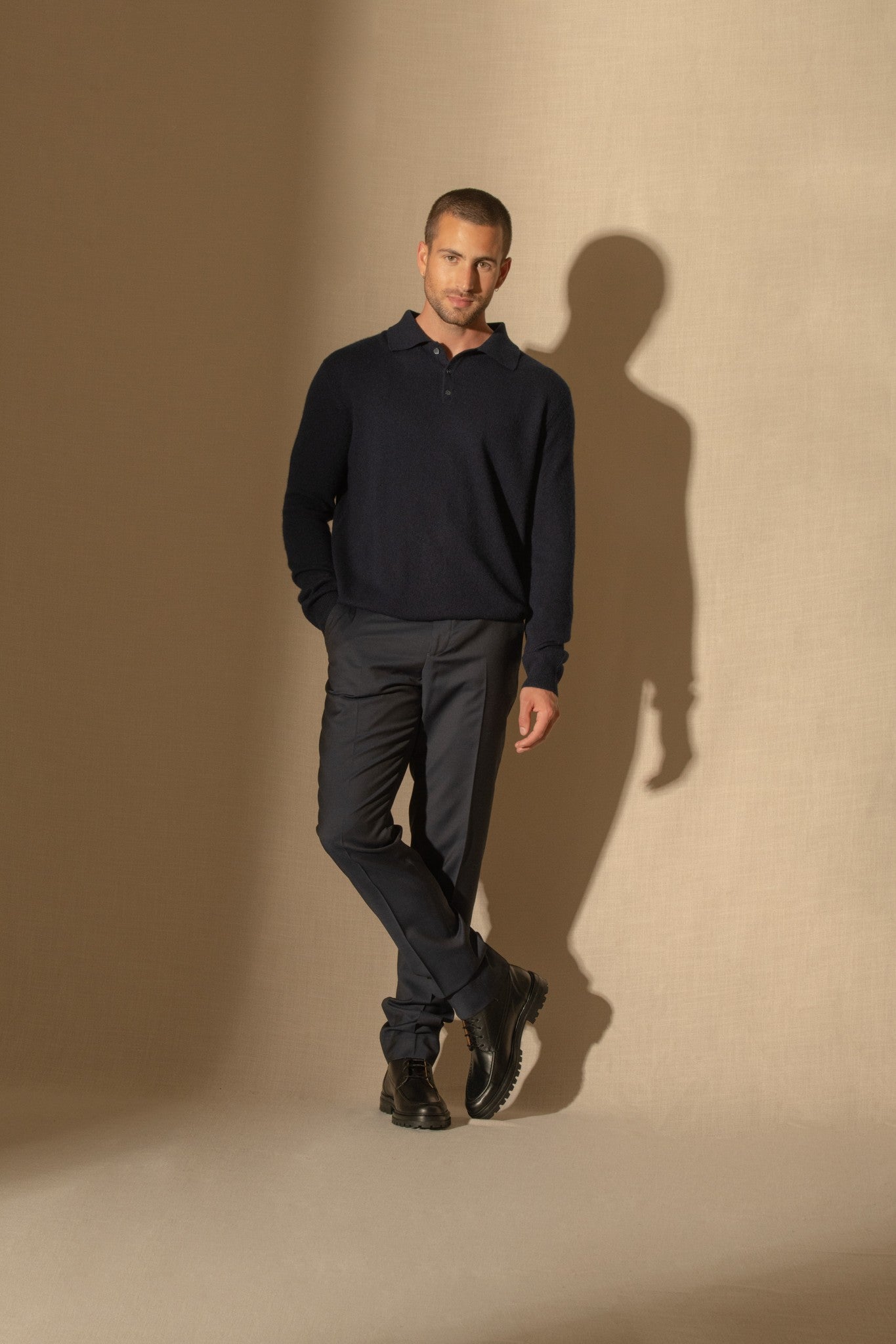 spencer polo manches longues navy 100% cachemire