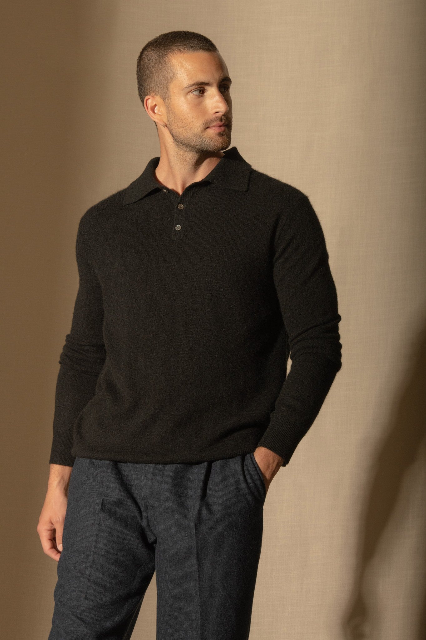 spencer polo manches longues noir 100% cachemire