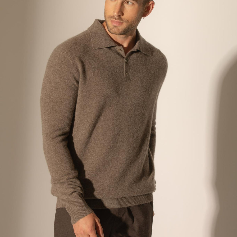 SPENCER polo manches longues taupe chiné 100% cachemire
