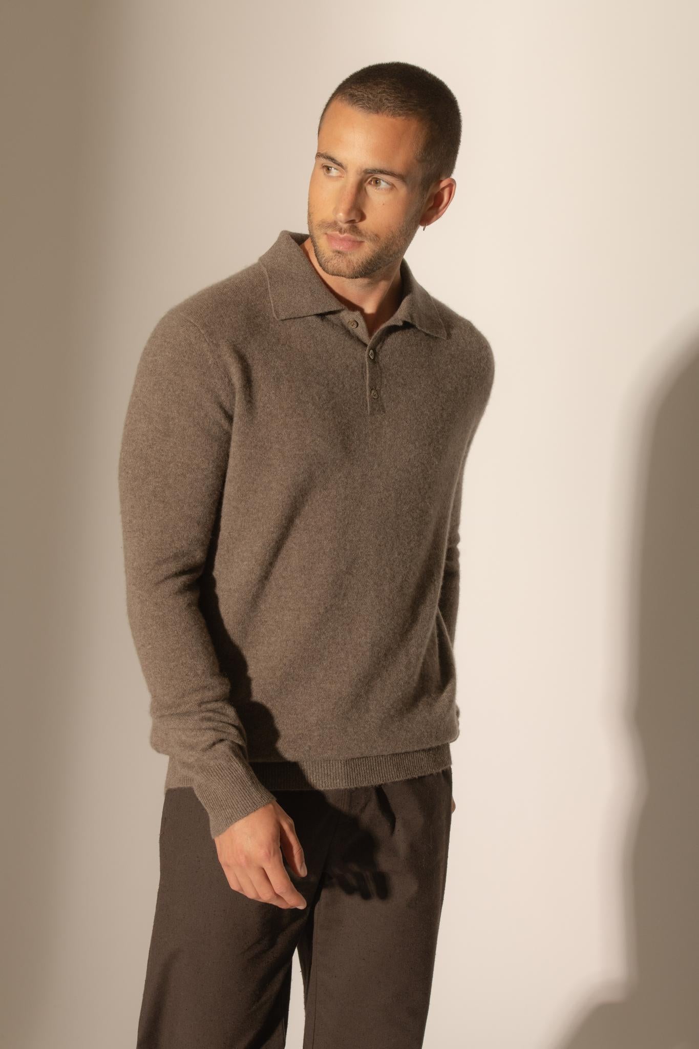 SPENCER polo manches longues taupe chiné 100% cachemire