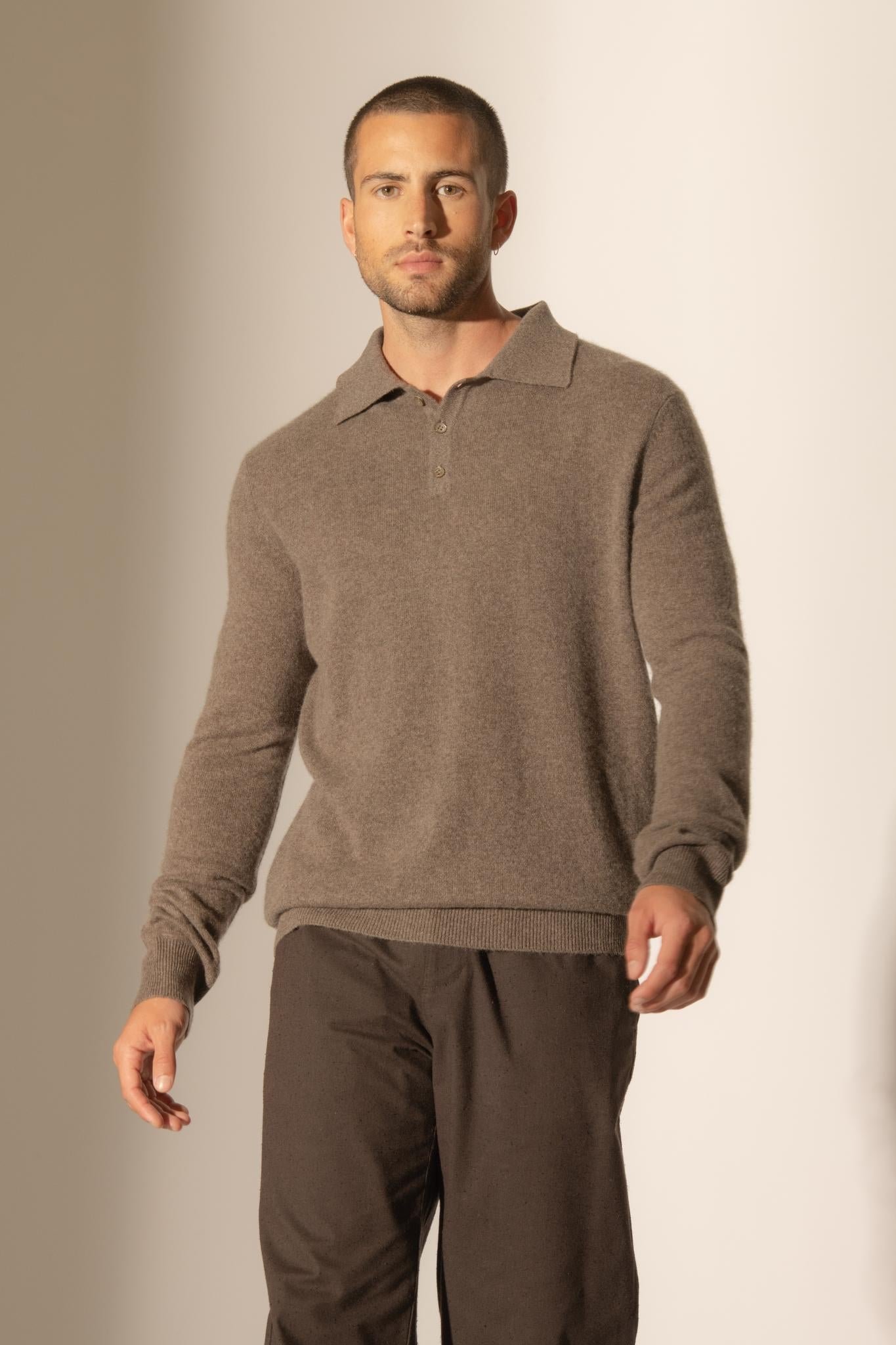 SPENCER polo manches longues taupe chiné 100% cachemire