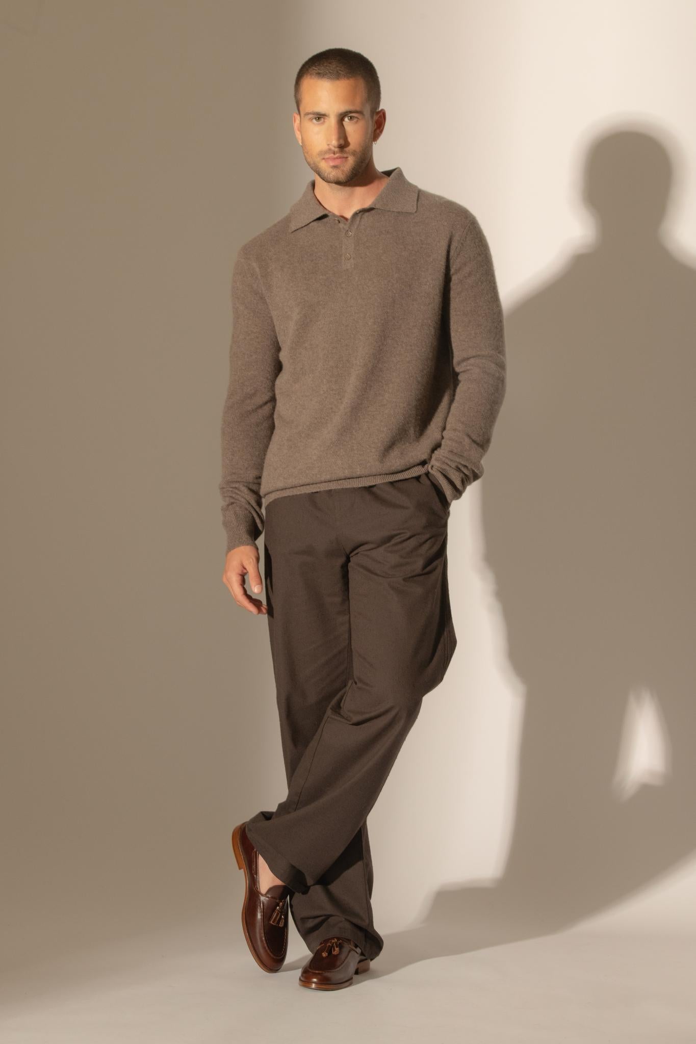 SPENCER polo manches longues taupe chiné 100% cachemire