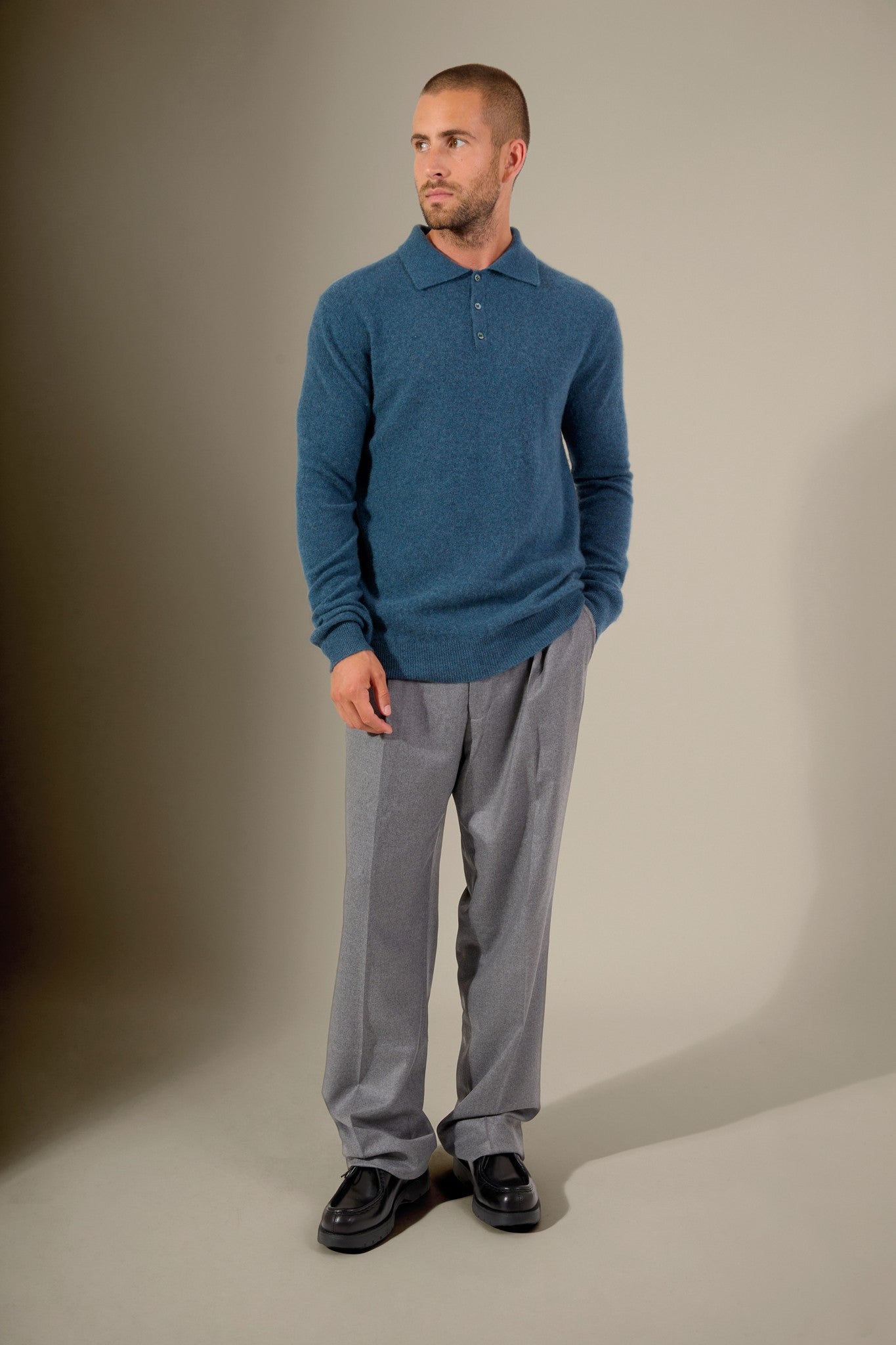 spencer polo manches longues vert canard chiné 100% cachemire