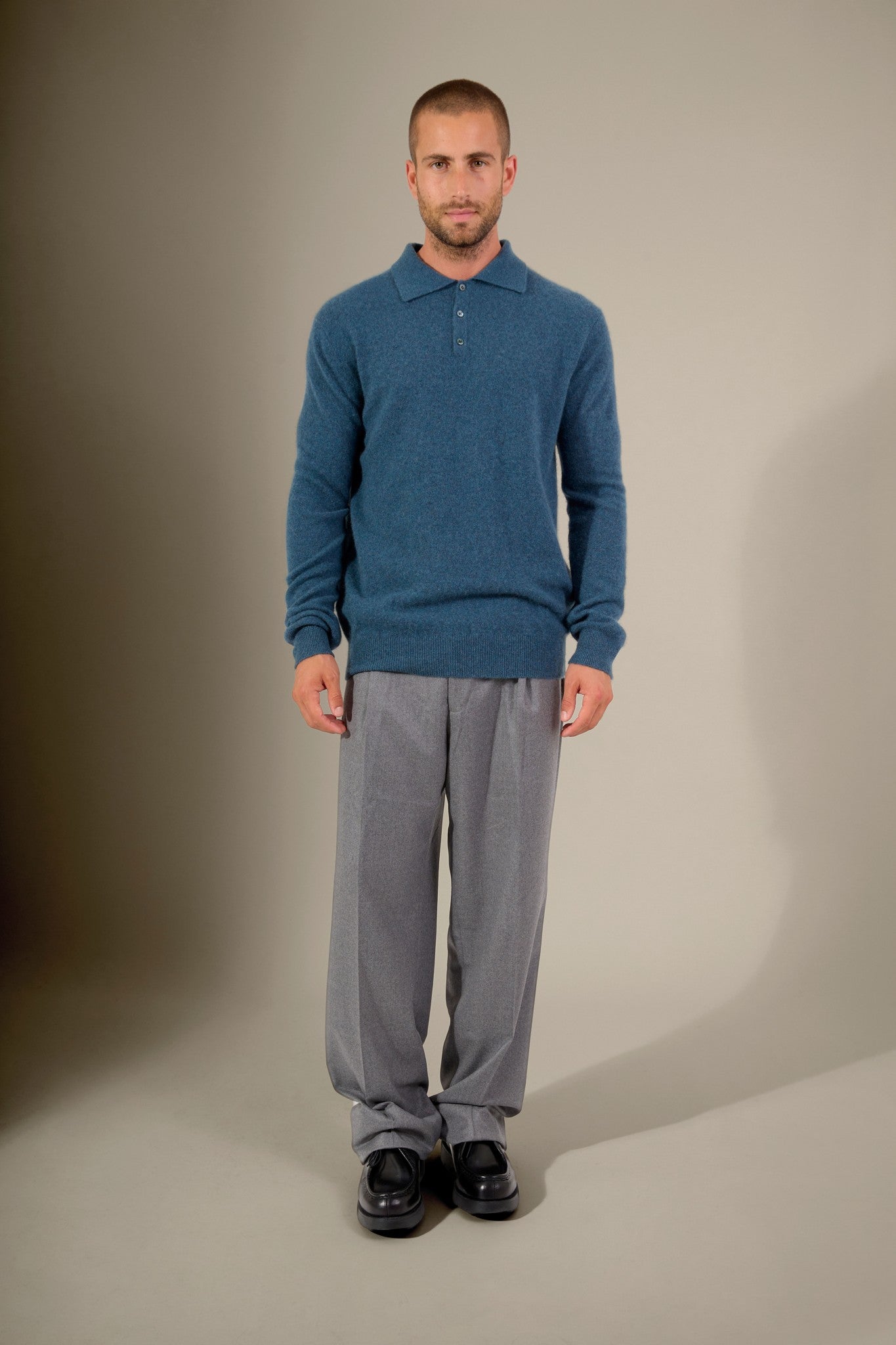 spencer polo manches longues vert canard chiné 100% cachemire