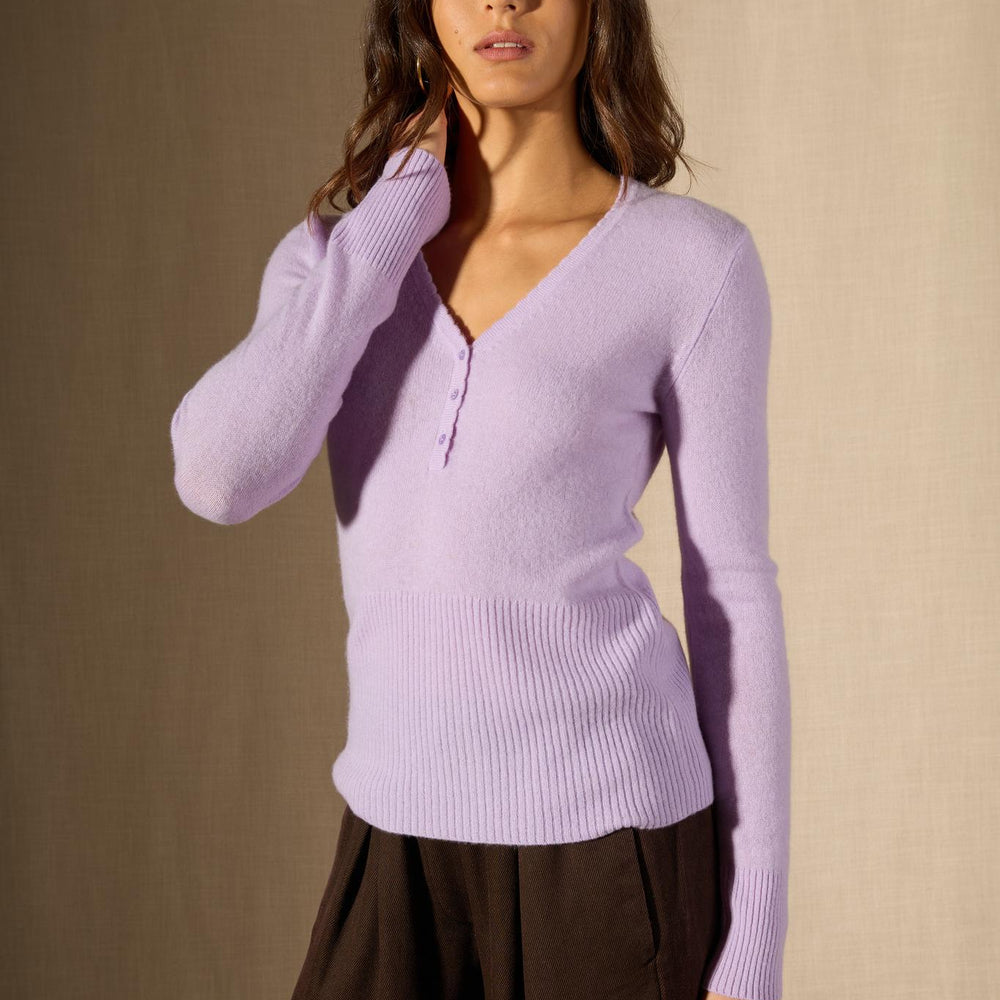Selene pull col v boutonné mauve 100% cachemire