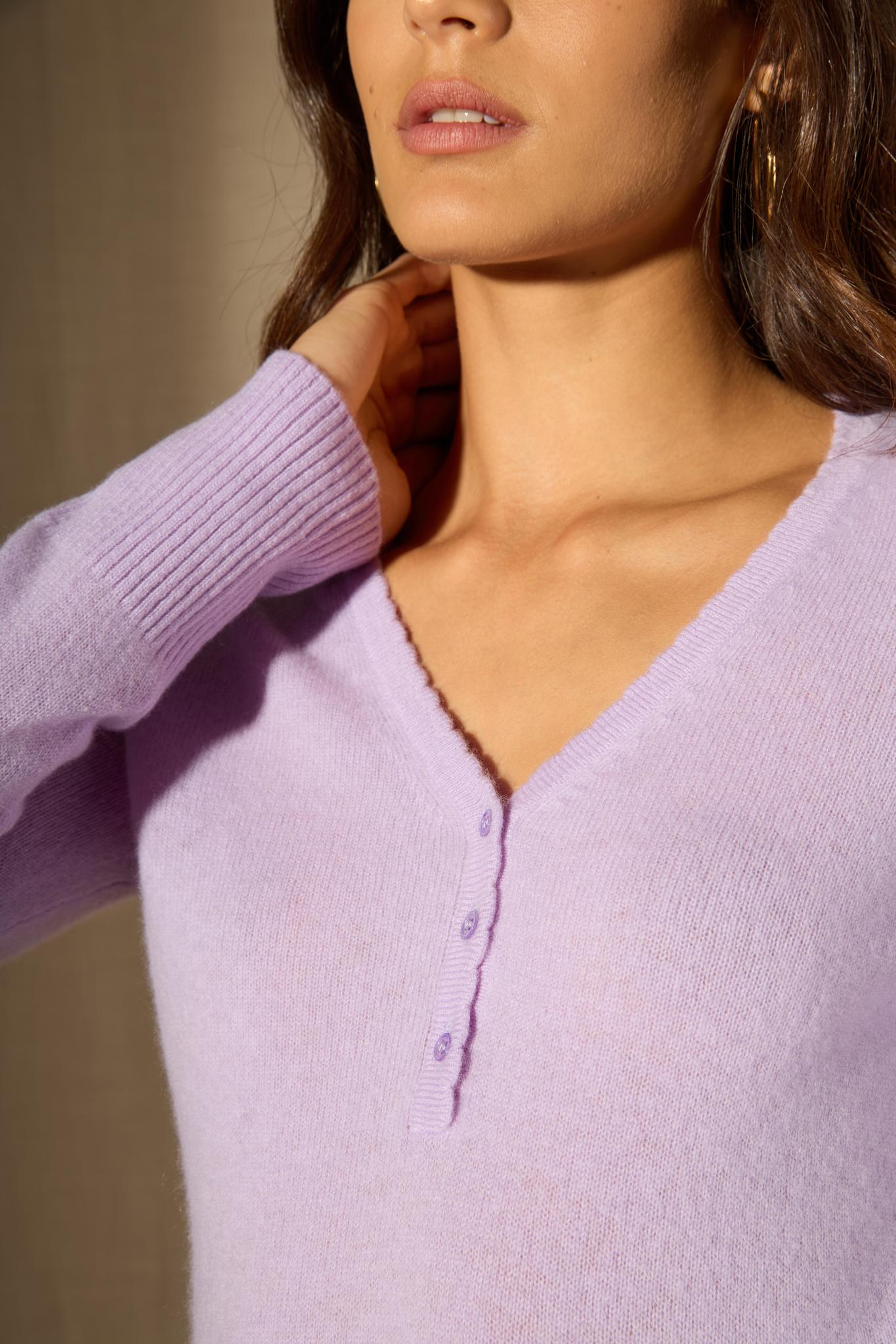 Selene pull col v boutonné mauve 100% cachemire
