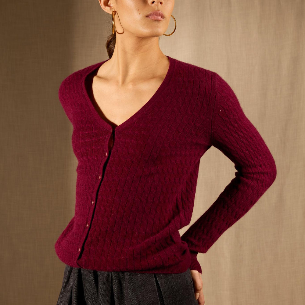 Seraphina cardigan col v bordeaux 100% cachemire