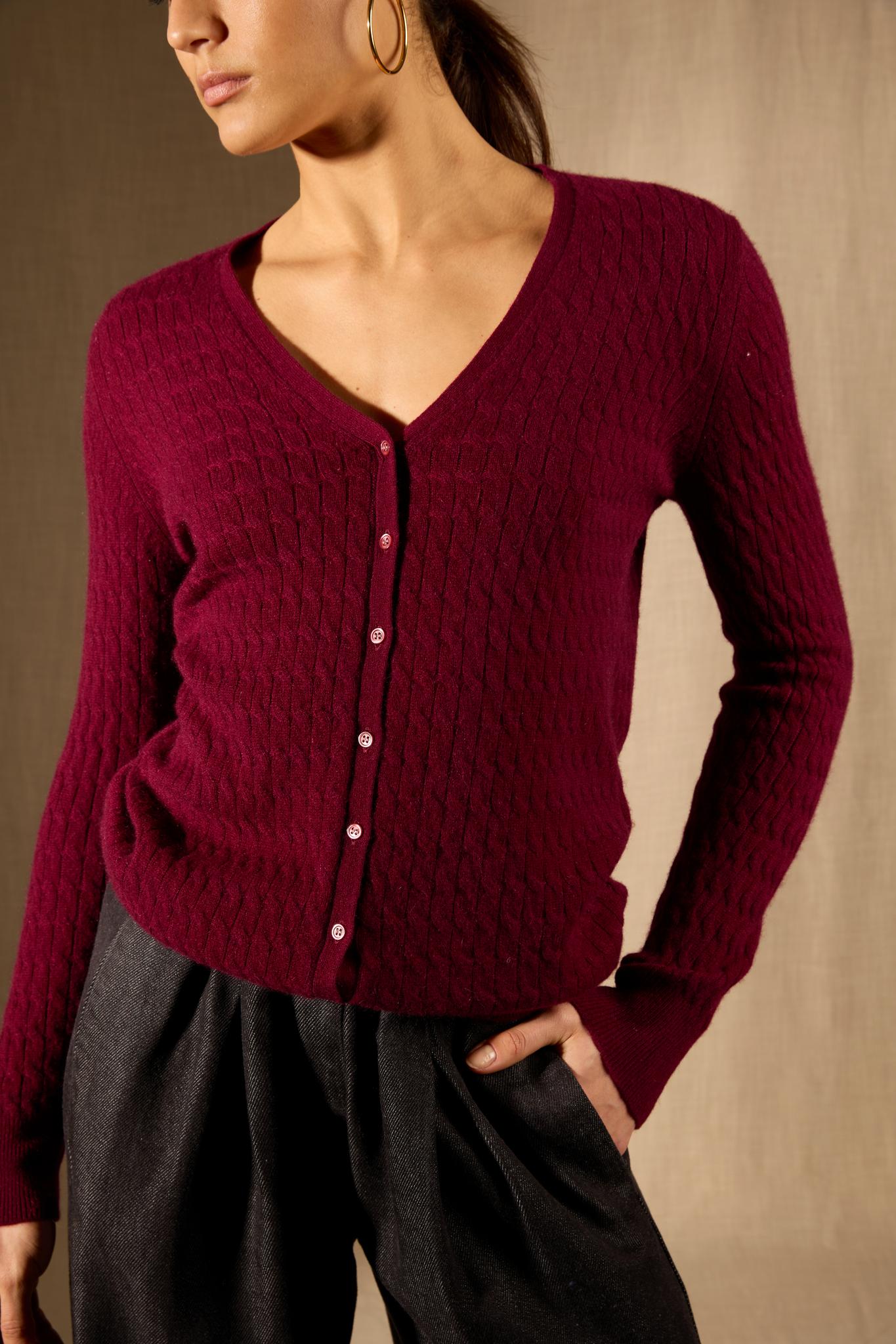Seraphina cardigan col v bordeaux 100% cachemire
