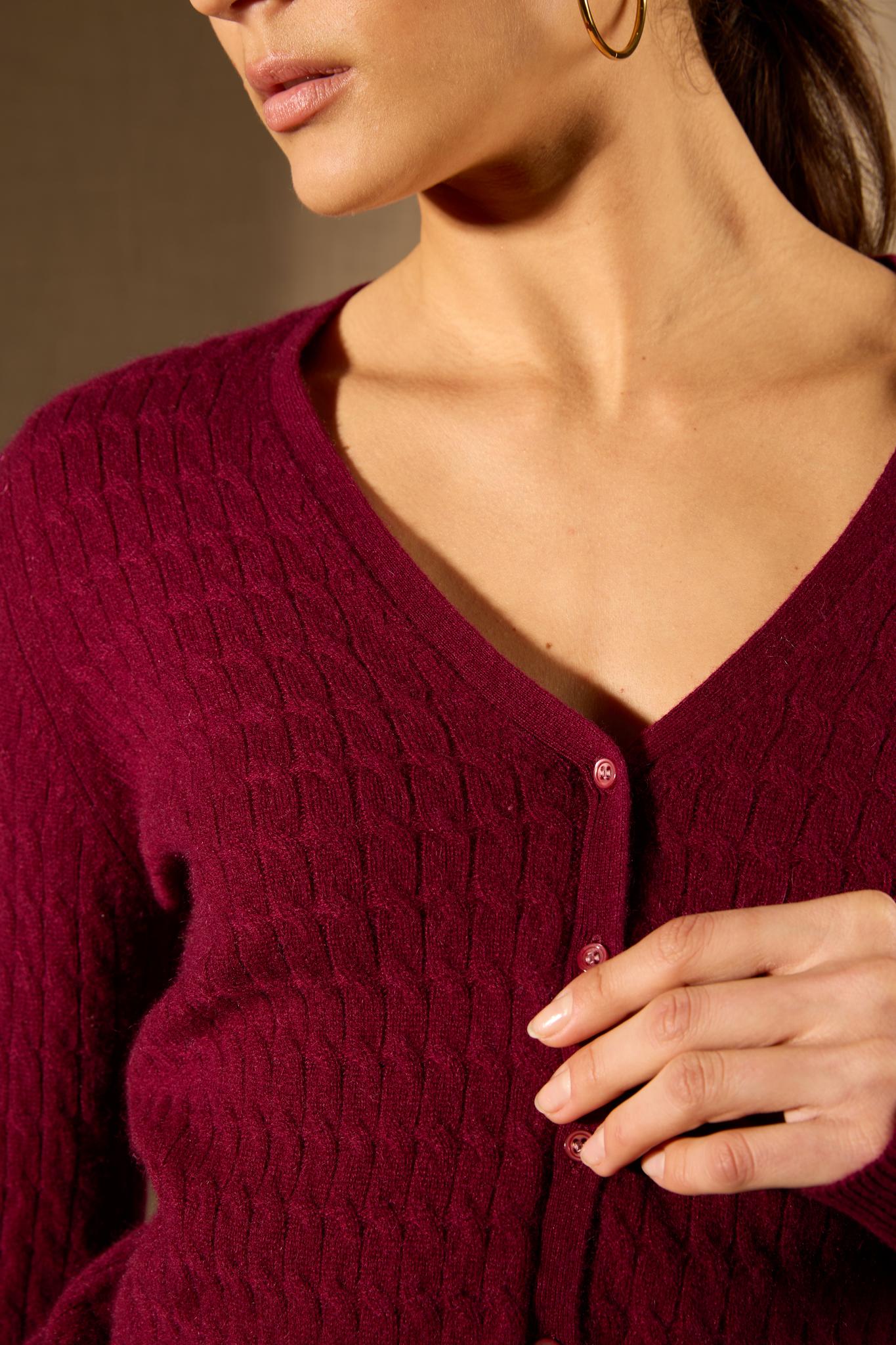Seraphina cardigan col v bordeaux 100% cachemire
