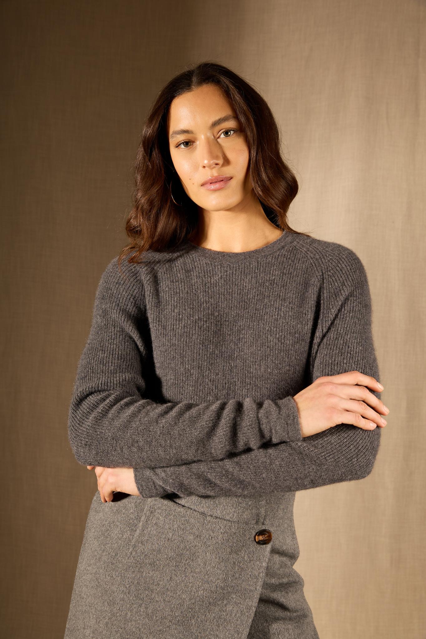 Souna pull col rond anthracite chiné 100% cachemire