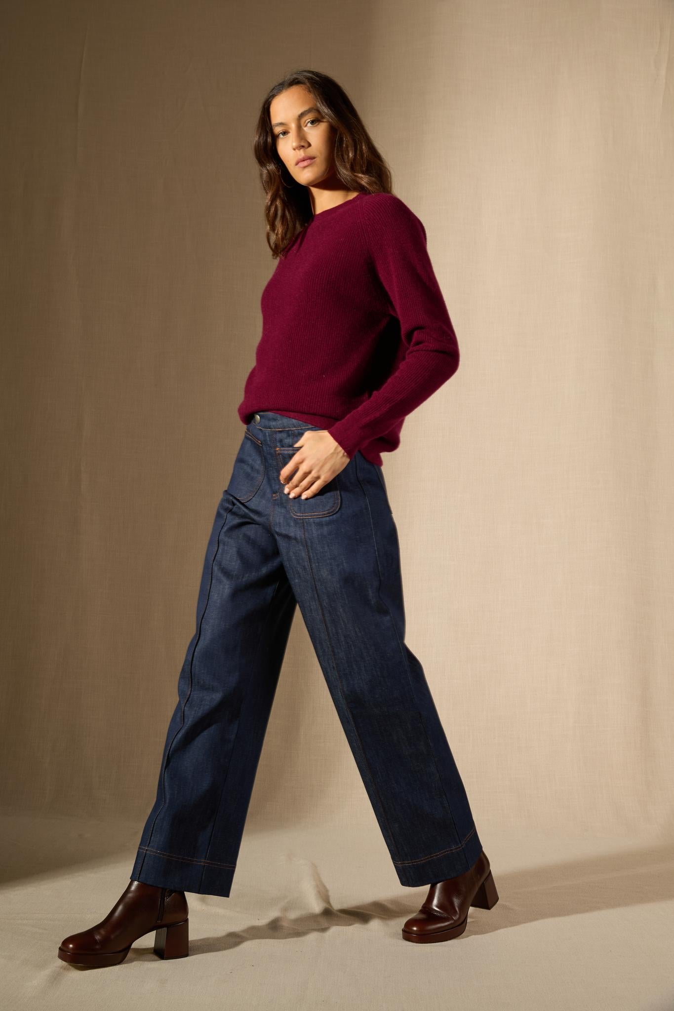Souna pull col rond bordeaux 100% cachemire