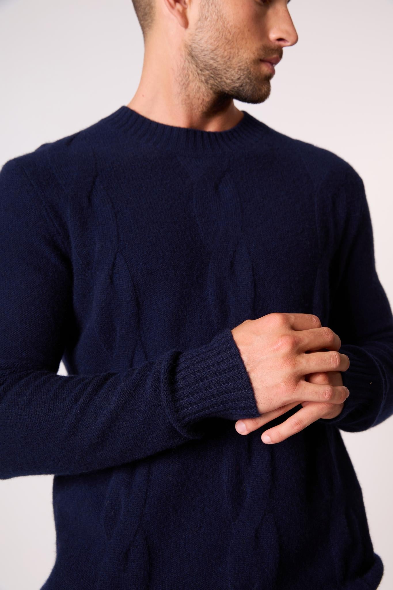 TEMBA pull col rond 4 fils navy 100% cachemire