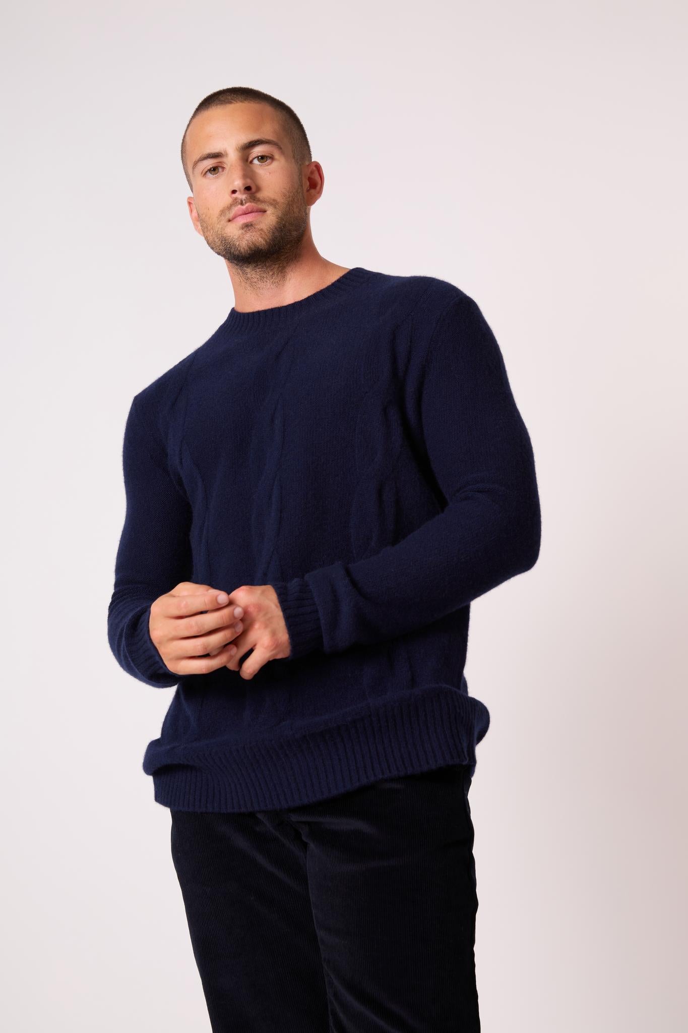 TEMBA pull col rond 4 fils navy 100% cachemire