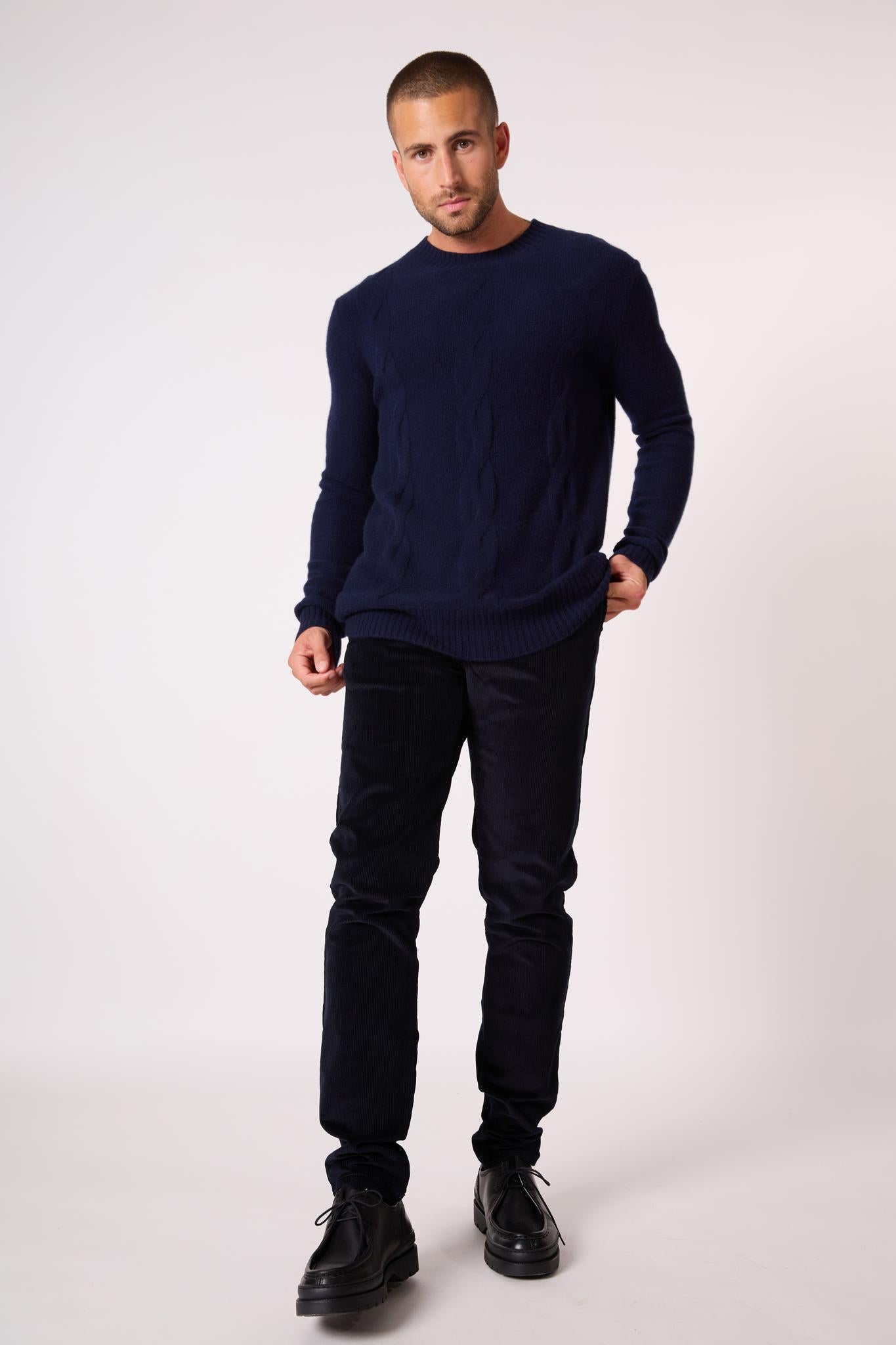 TEMBA pull col rond 4 fils navy 100% cachemire
