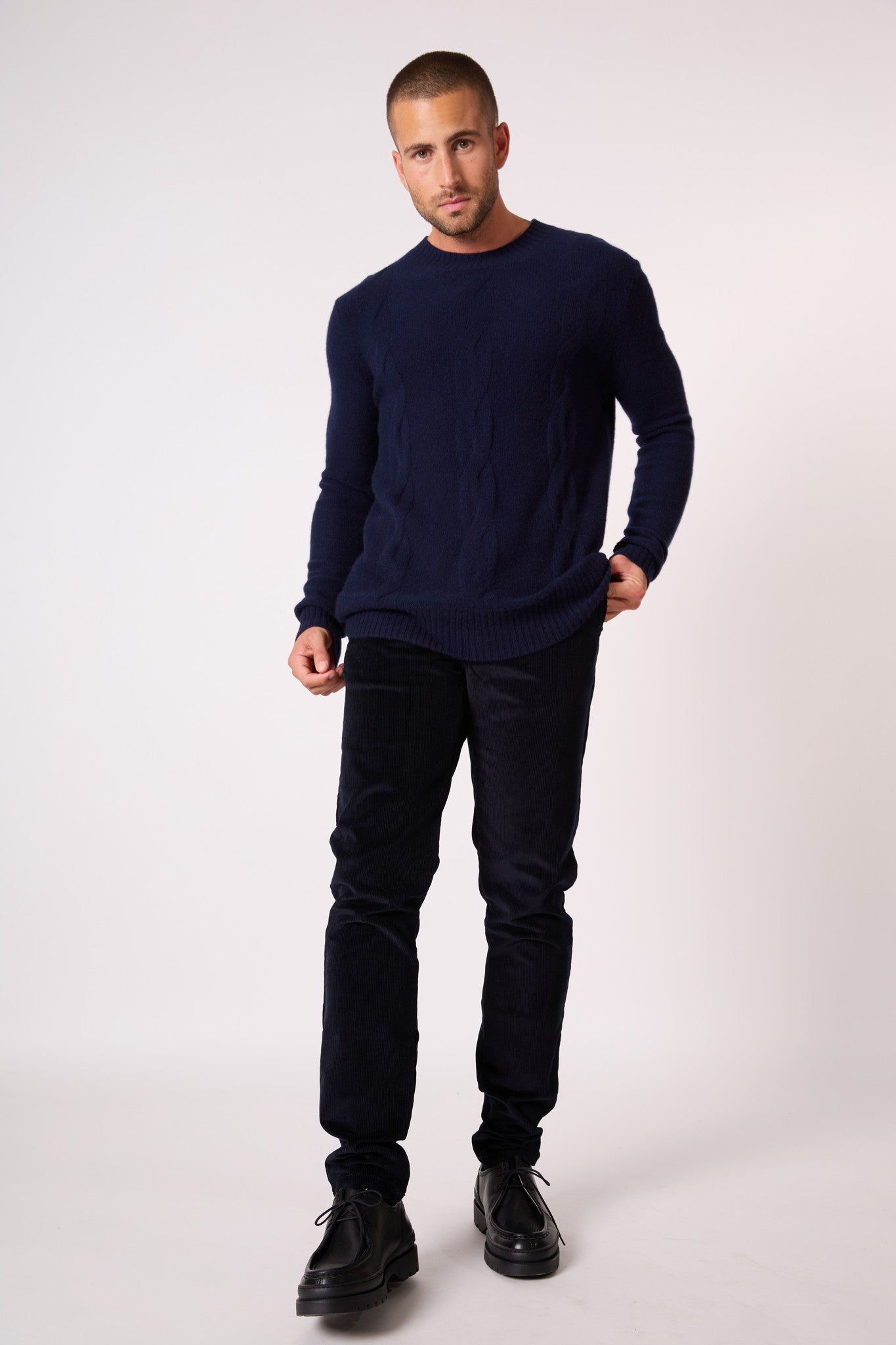 temba pull col rond 4 fils navy 100% cachemire