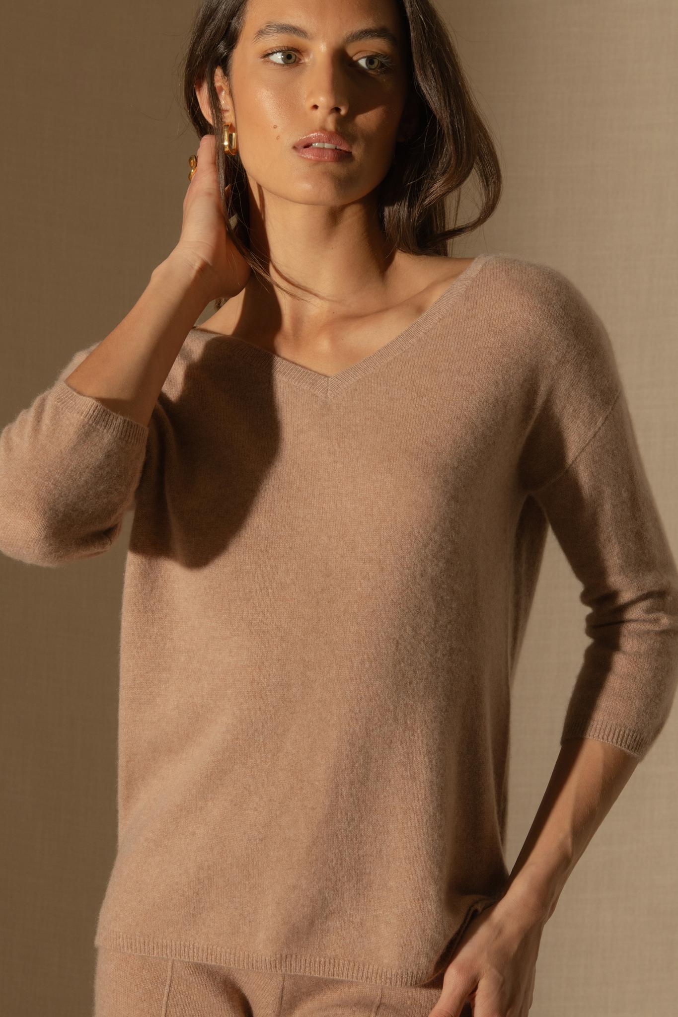 THAIS pull col v camel chiné 100% cachemire